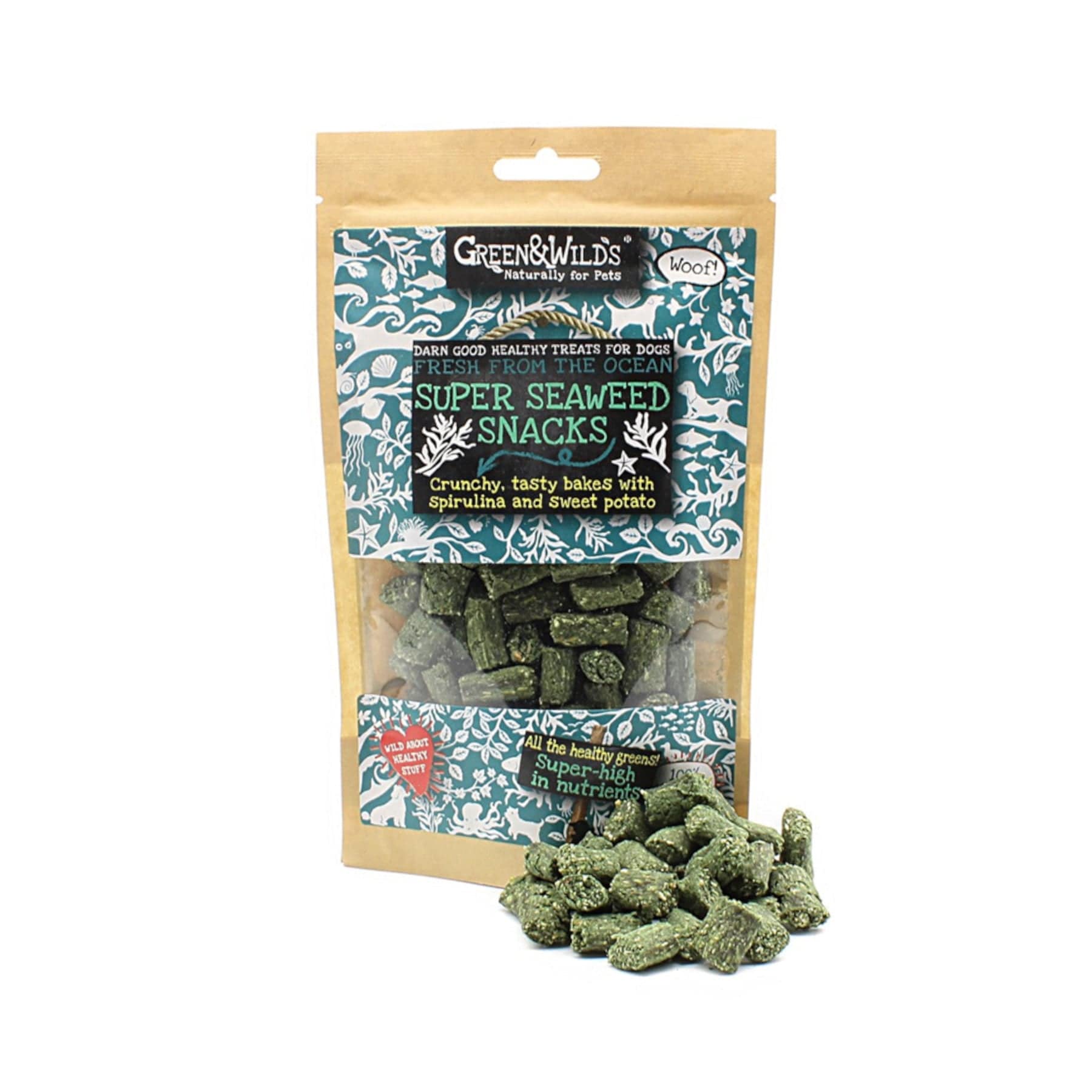 Green & Wild's Super Seaweed Snacks for dogs, natural healthy dog treats with spirulina and sweet potato, nutritious crunchy pet snacks in eco-friendly packaging