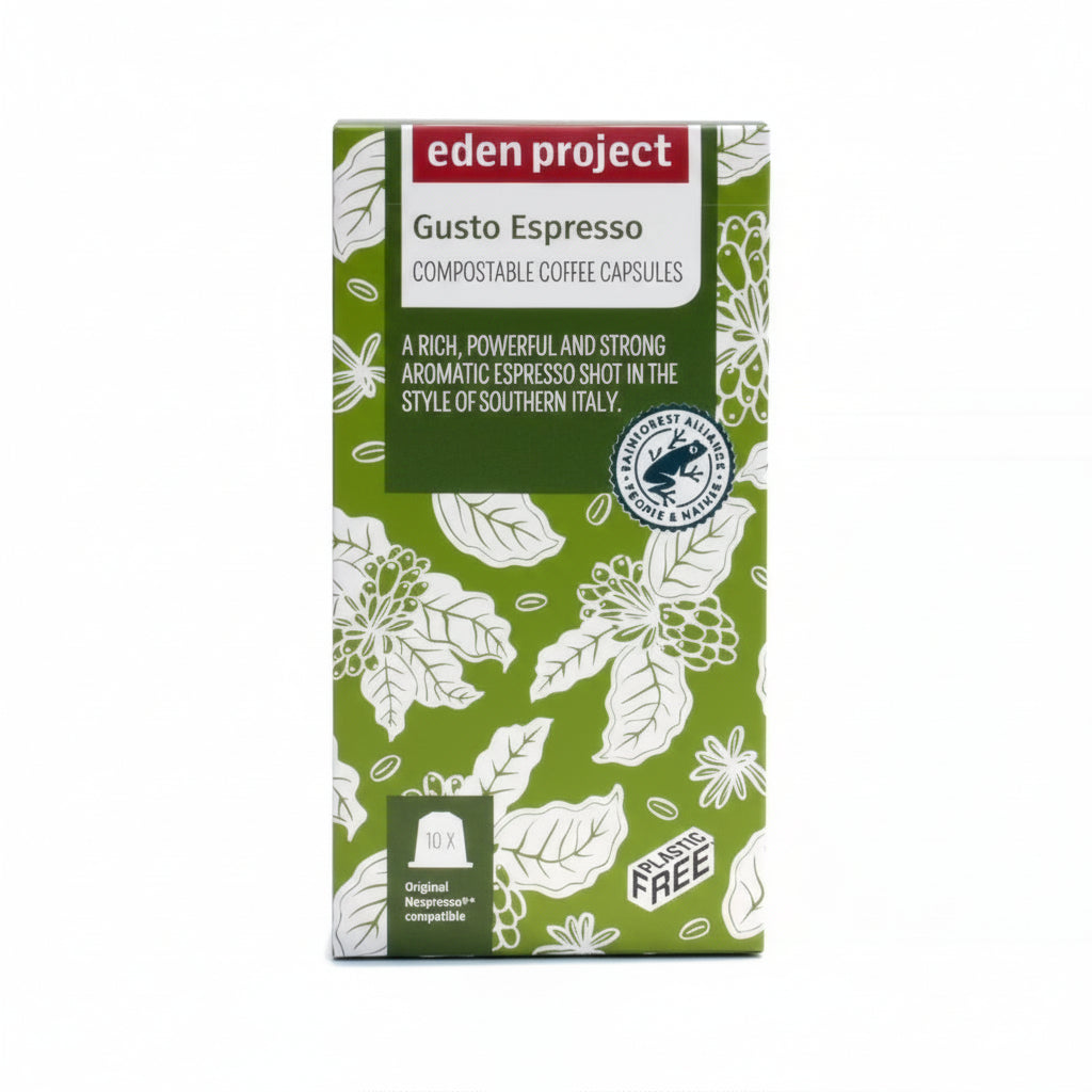 Eden Project Gusto Espresso compostable coffee capsules packaging, with Rainforest Alliance Certification, featuring floral design, highlighting aromatic espresso style of Southern Italy and Nespresso compatibility.