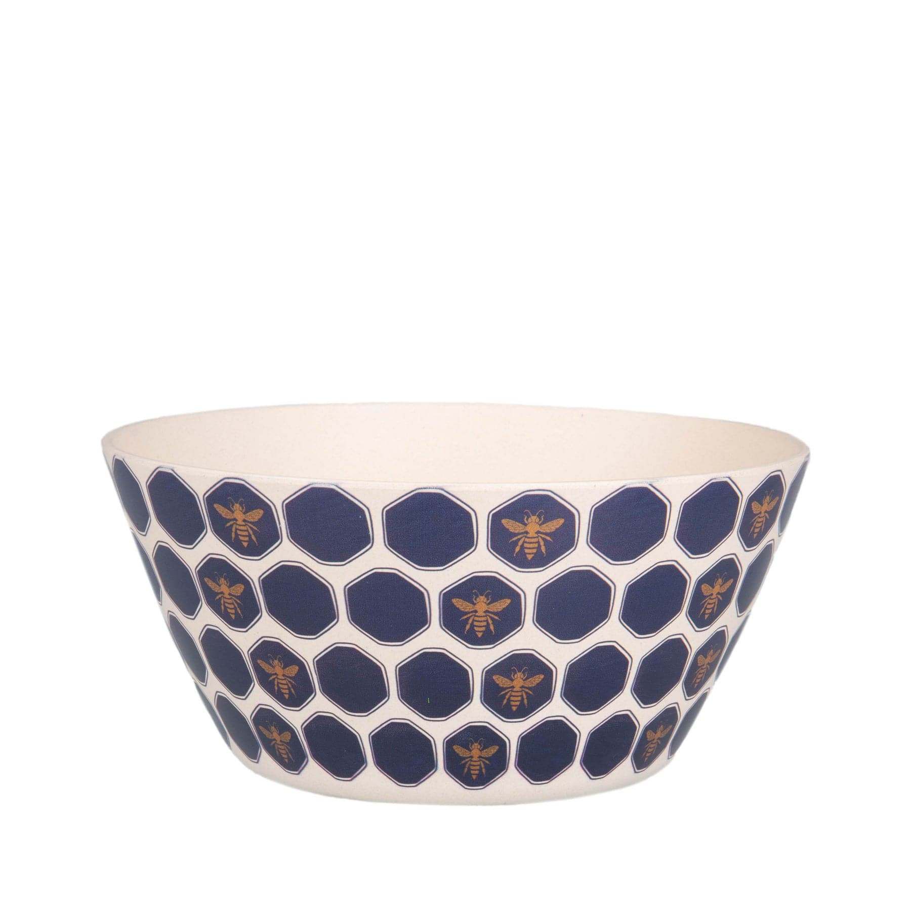 Decorative ceramic bowl with hexagonal blue patterns and golden bee motifs on white background
