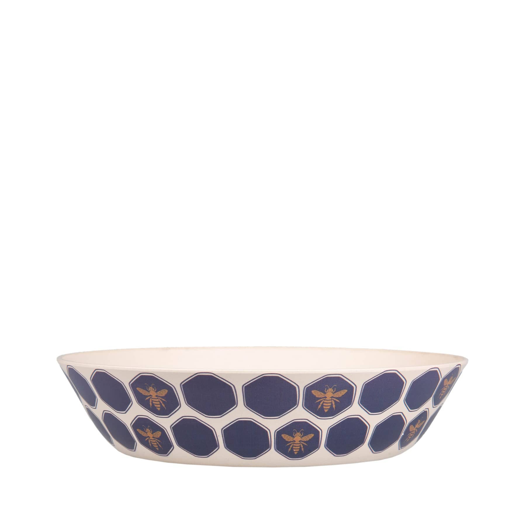 Elegant white ceramic bowl with blue geometric honeycomb pattern and gold bee motifs on a white background