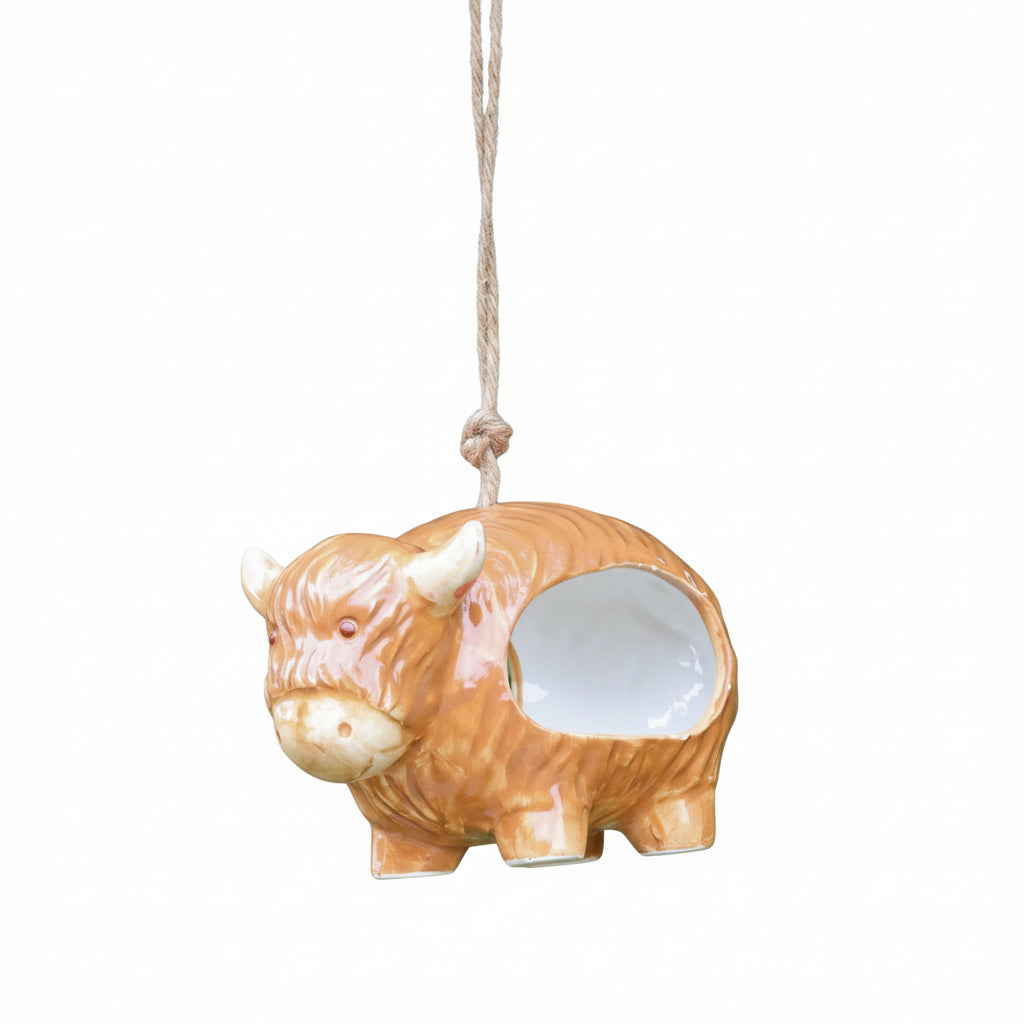 'Hairie' hanging ceramic highland cow bird feeder