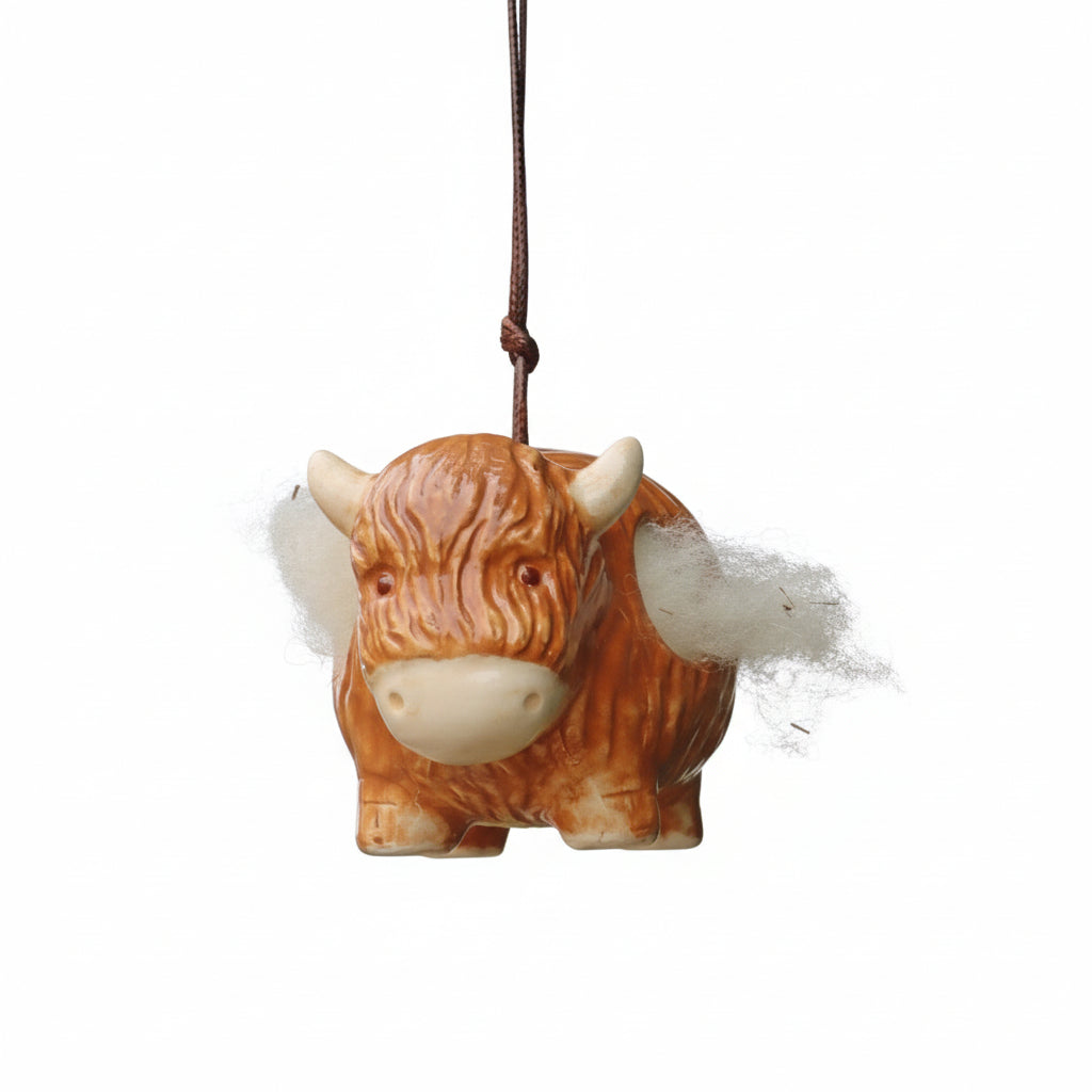 'Hairie' hanging ceramic highland cow with nesting wool