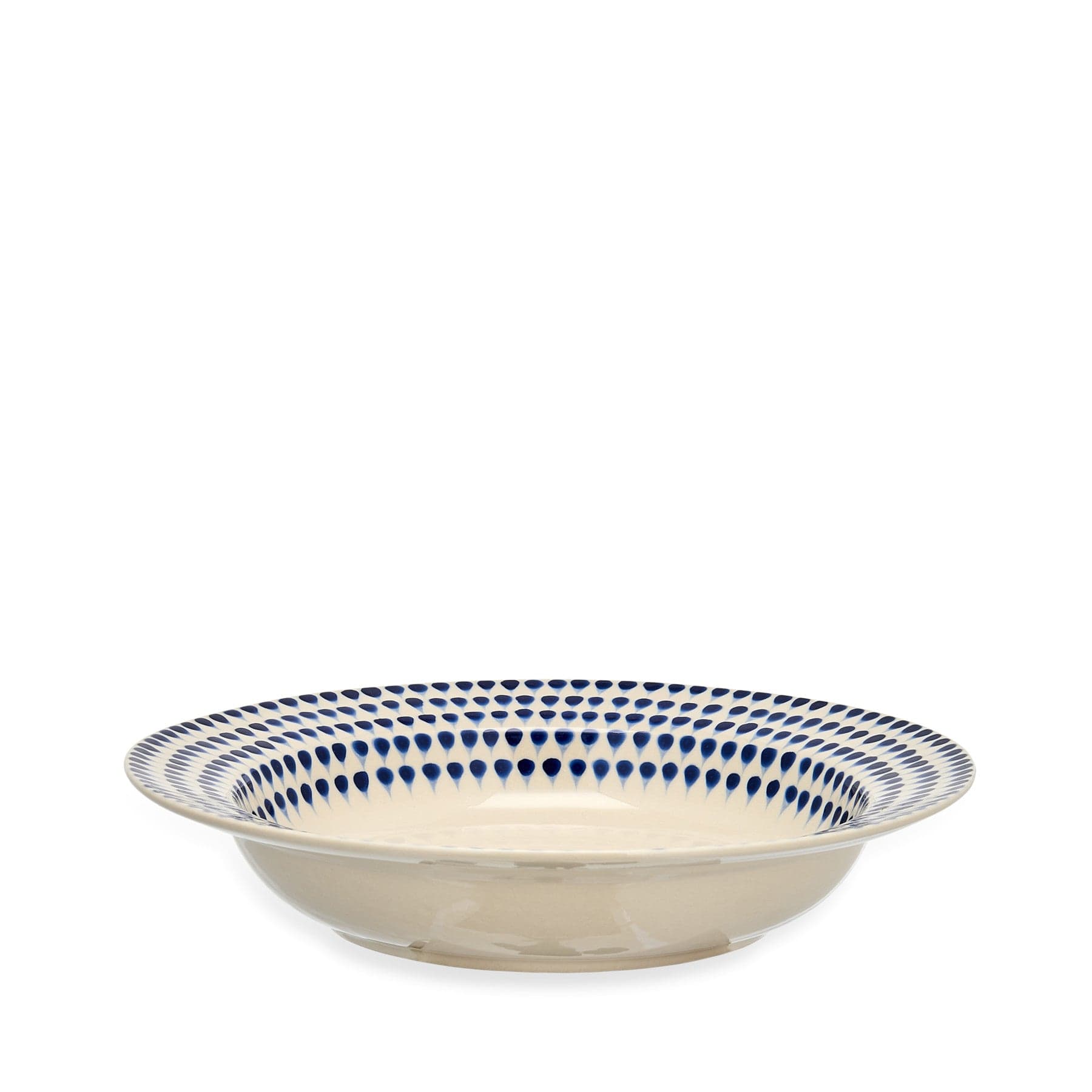 Ceramic bowl with blue dot pattern on rim on white background