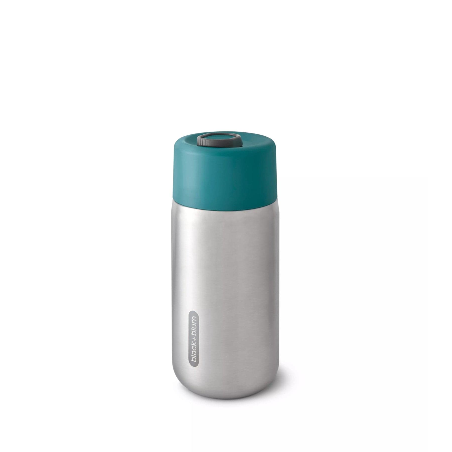Stainless steel insulated water bottle with teal lid on white background