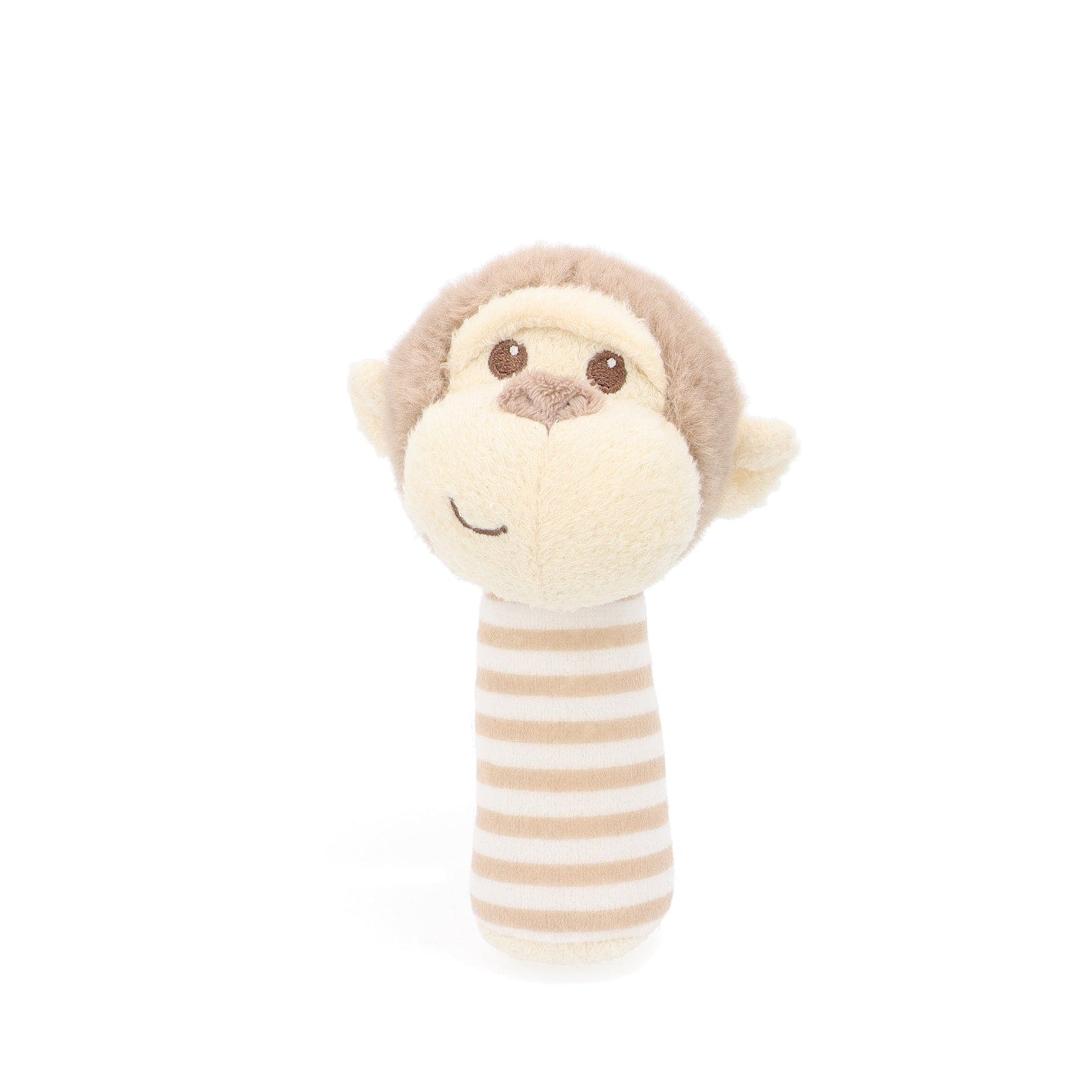 Plush monkey toy with beige and brown stripes, soft stuffed animal, cute monkey doll with smiling face, isolated on white background, children's teddy bear alternative, infant safe toy