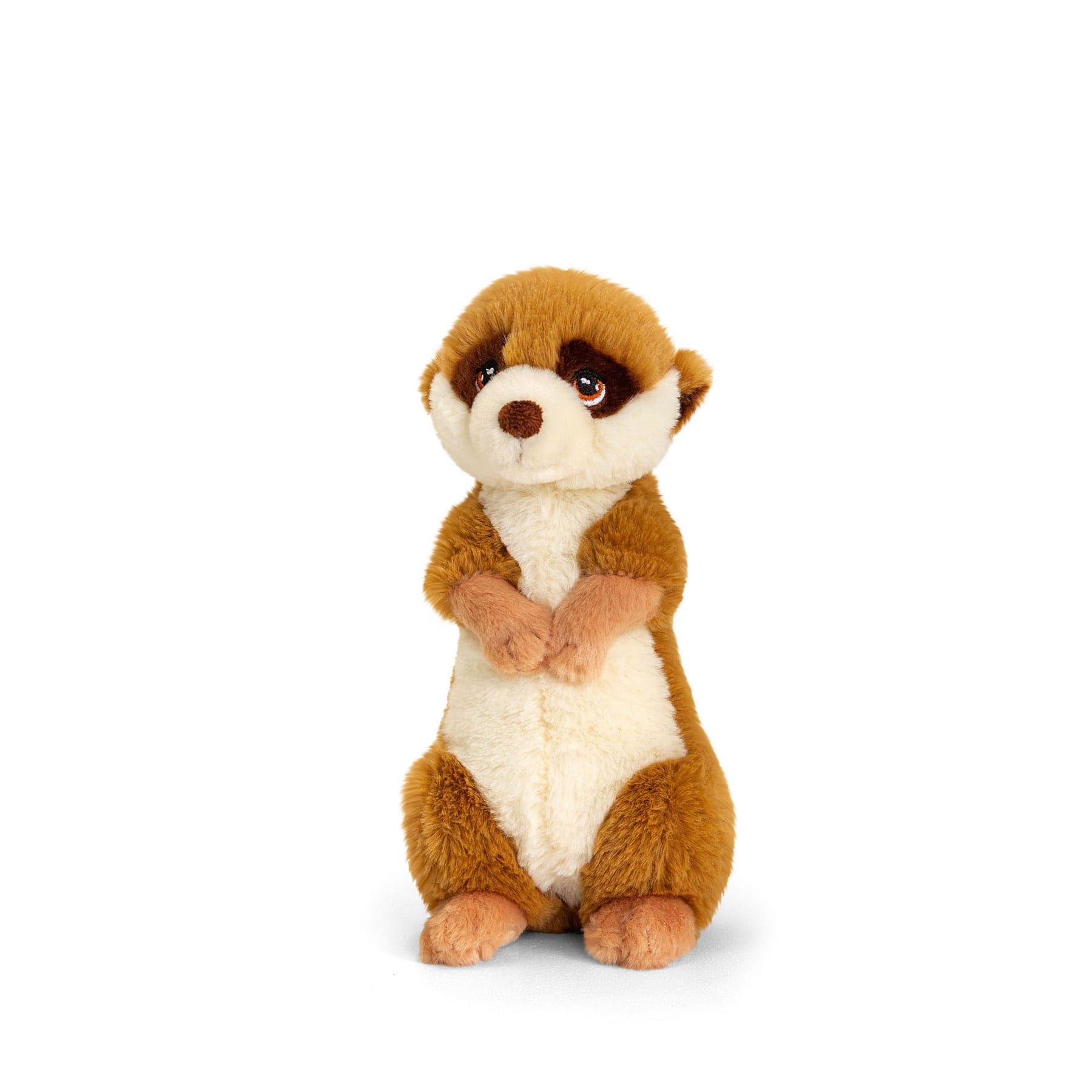 Plush toy meerkat standing against white background, stuffed animal, children's toy, cute meerkat soft toy, isolated plushie, gift idea for kids.