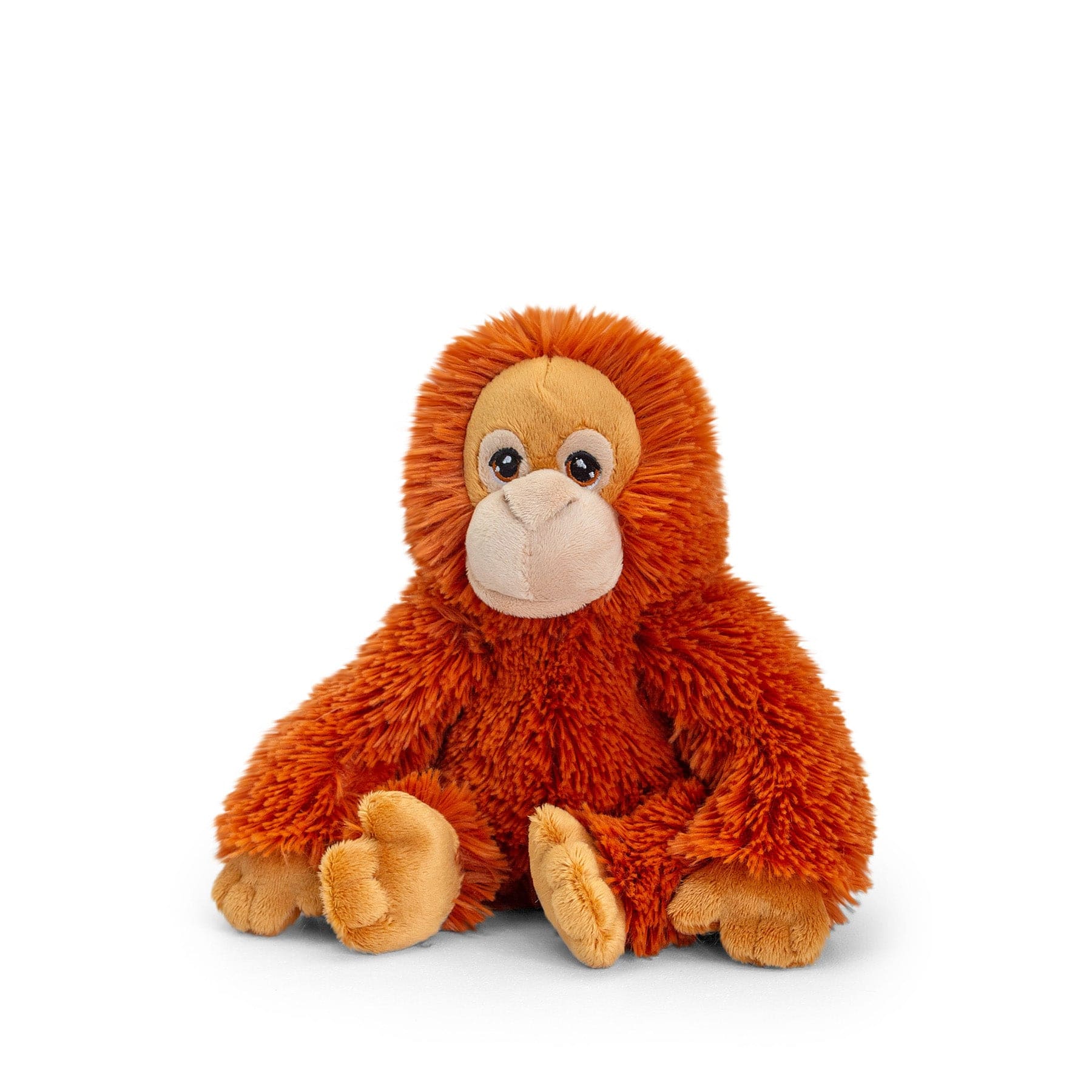 Plush orange monkey toy sitting isolated on white background with adorable expression, soft stuffed animal for children.