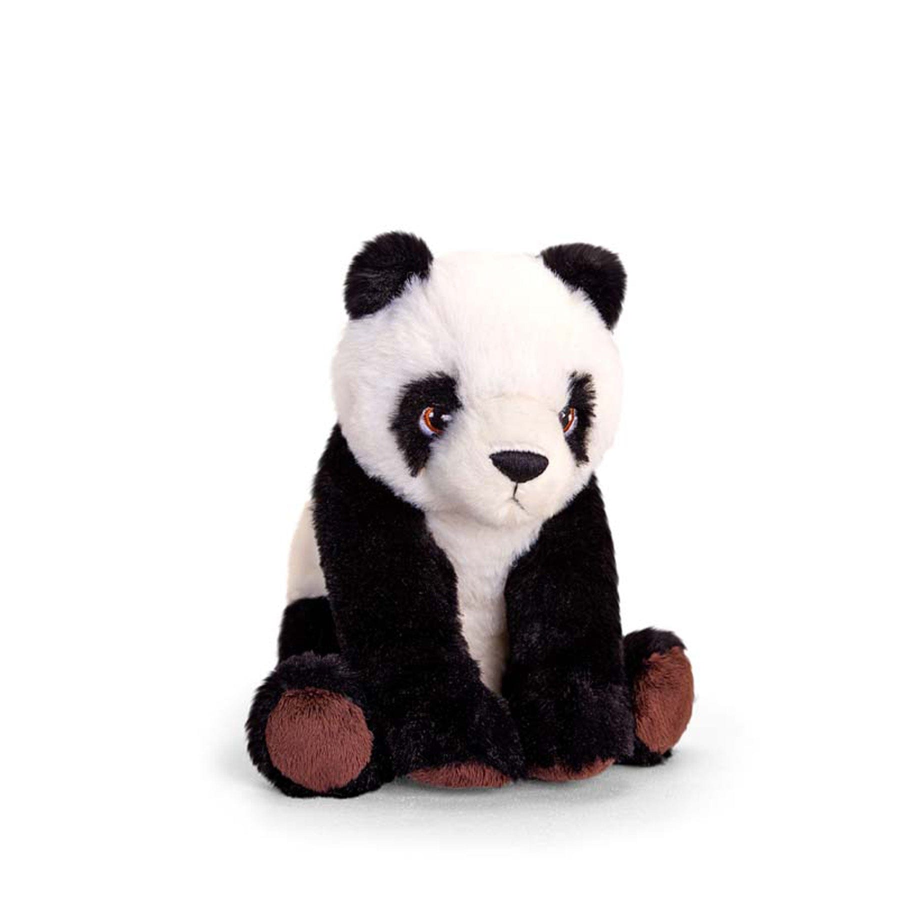 Plush panda bear toy sitting isolated on white background, soft stuffed animal for children, black and white cute panda plushie