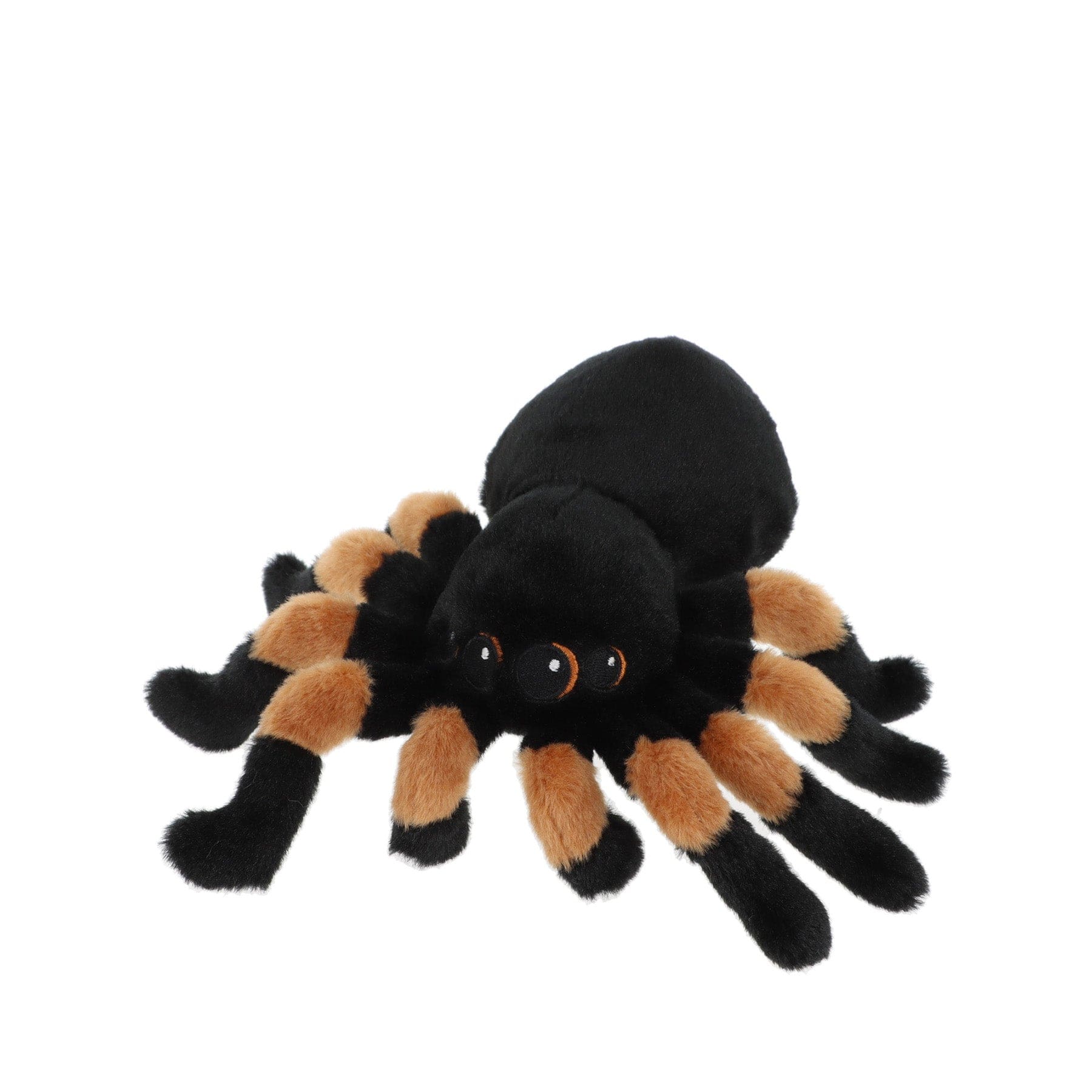 Plush black spider toy with orange accents on a white background.