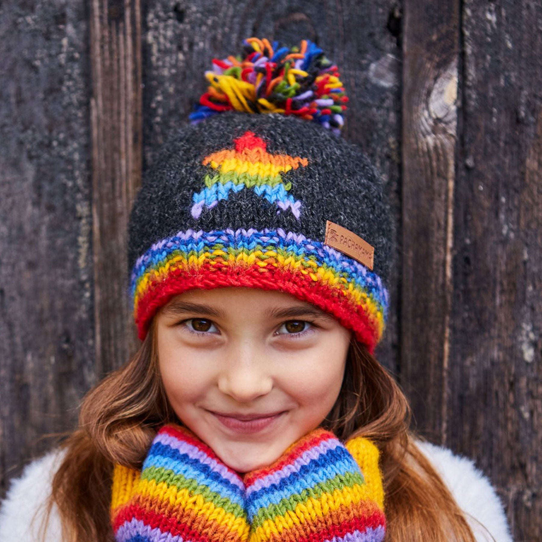 Kids rainbow star bobble beanie