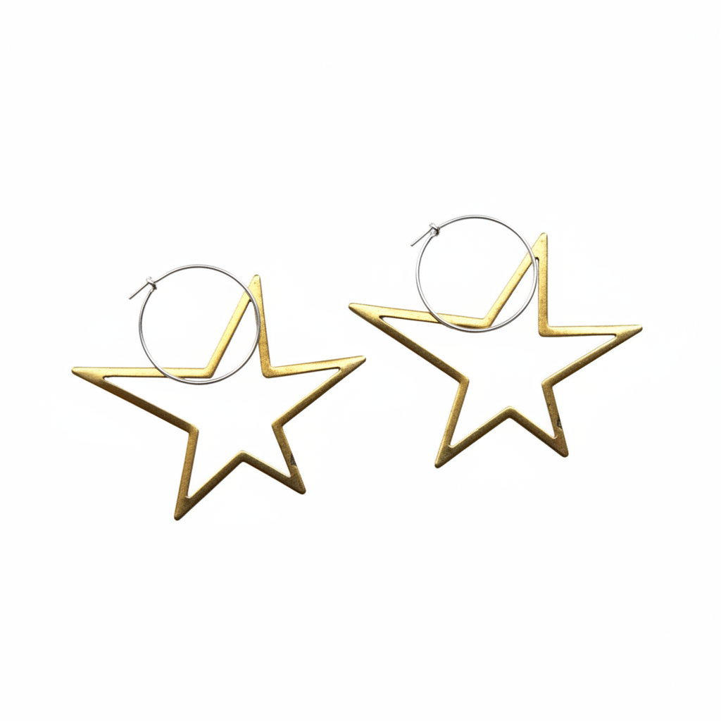 Large brass earrings open star