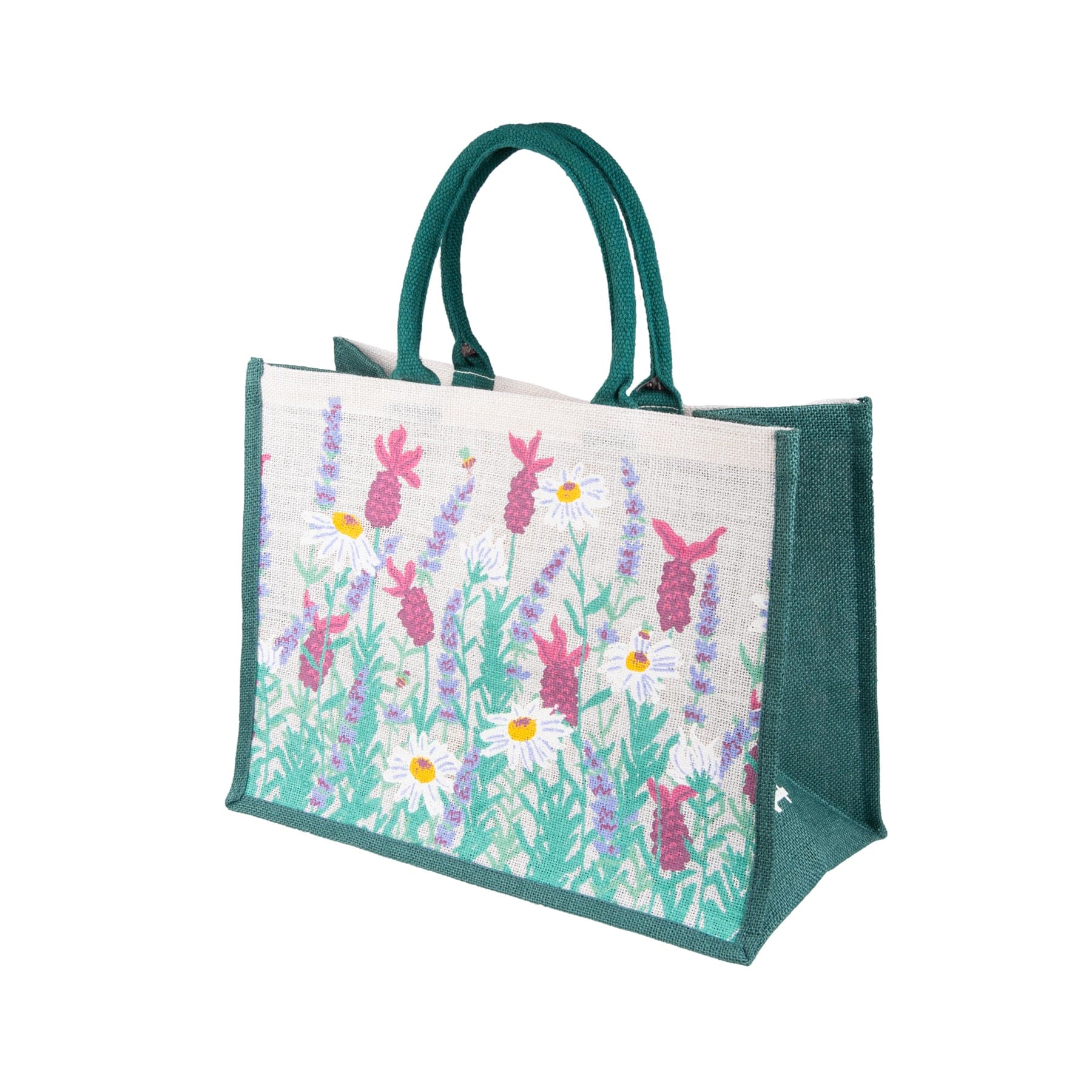 Canvas tote bag with floral and bunny design isolated on white background, reusable eco-friendly shopping bag with green handles