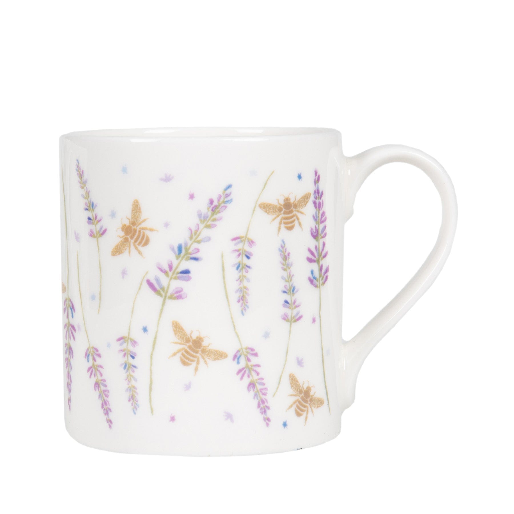 White ceramic mug with lavender and bee pattern, floral mug design, isolated on white background, coffee cup with handle