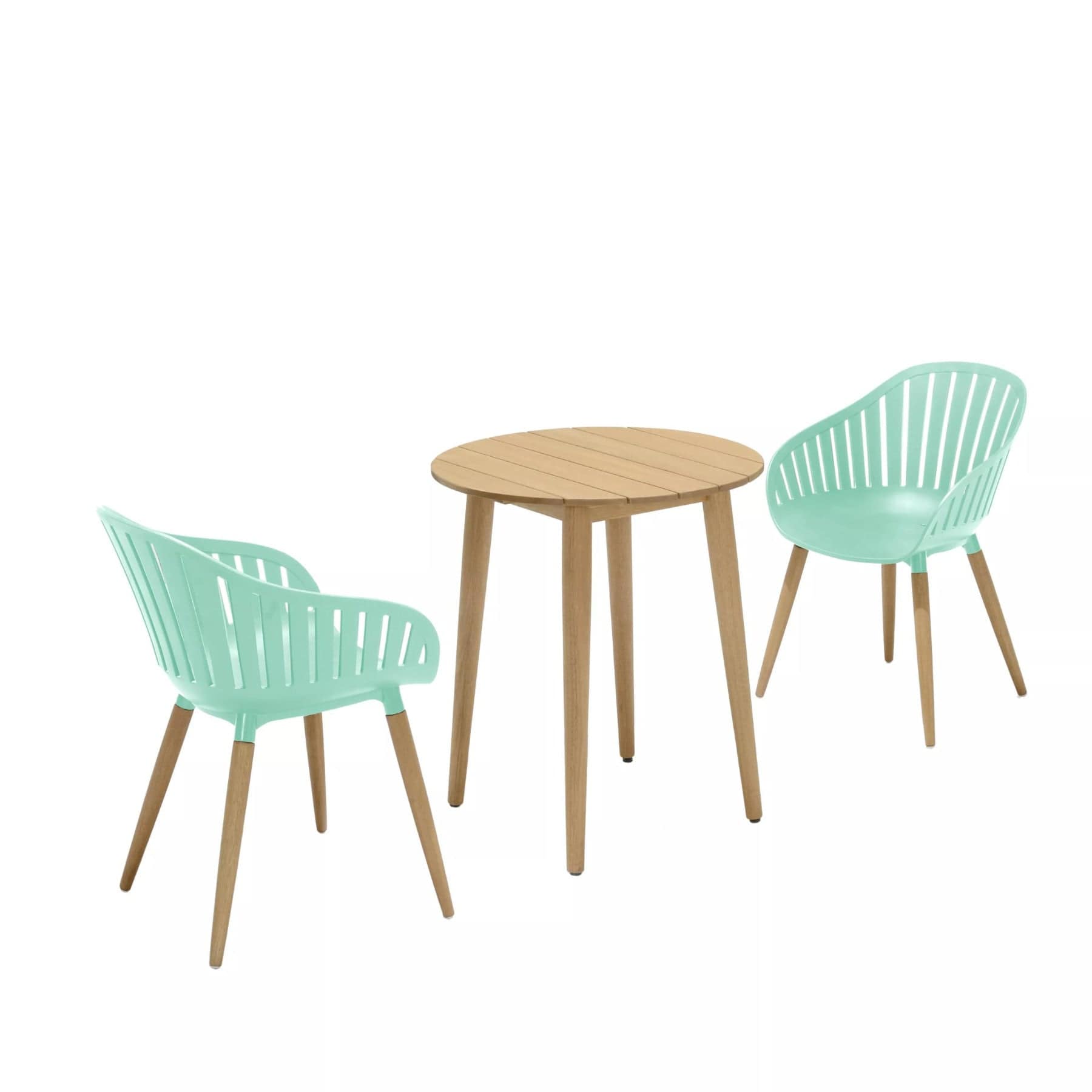 Modern minimalist outdoor furniture, two aqua blue plastic chairs with wooden legs and a round wooden table, Scandinavian design patio set, isolated on white background.
