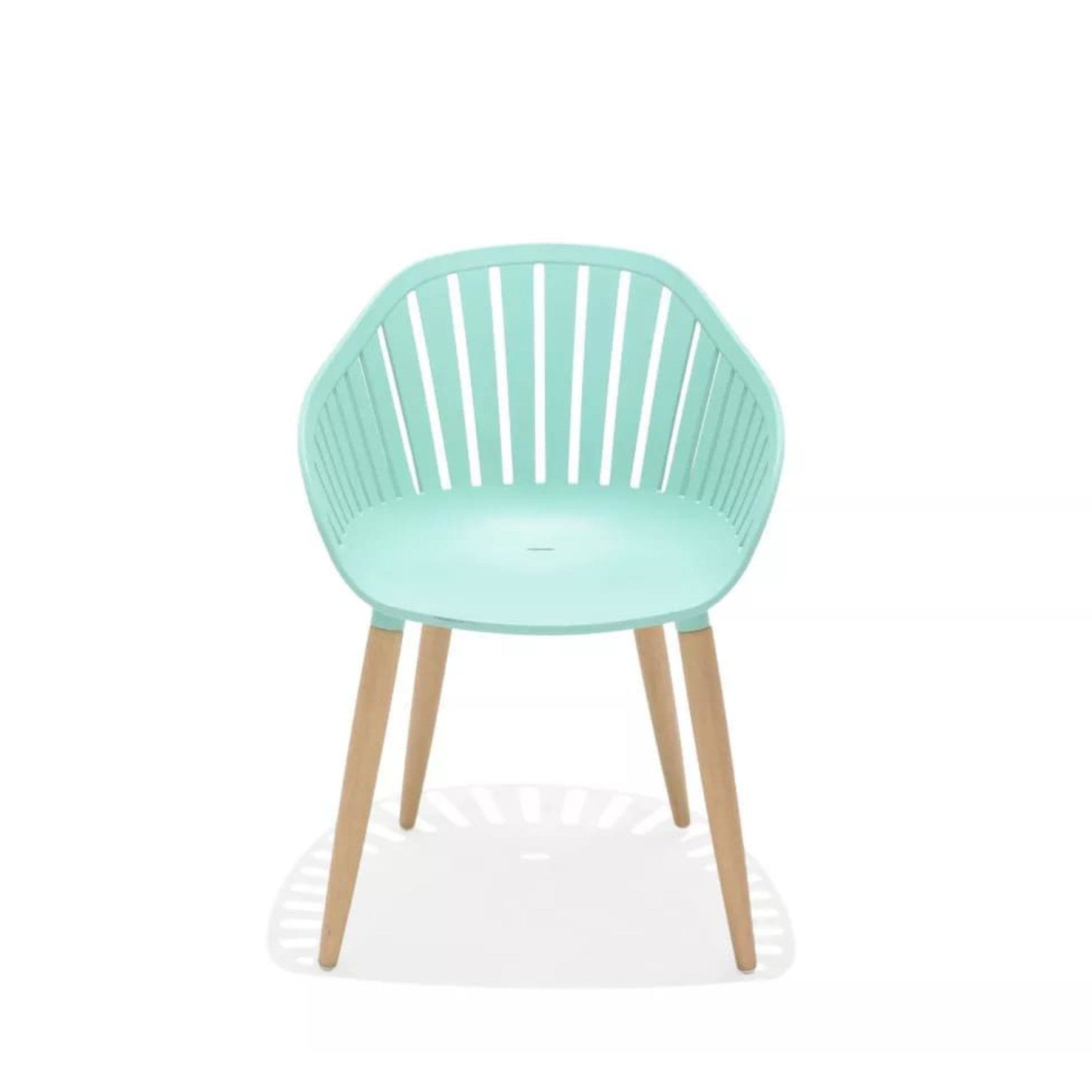 Modern mint green chair with wooden legs, minimalist Scandinavian style furniture, isolated on white background.