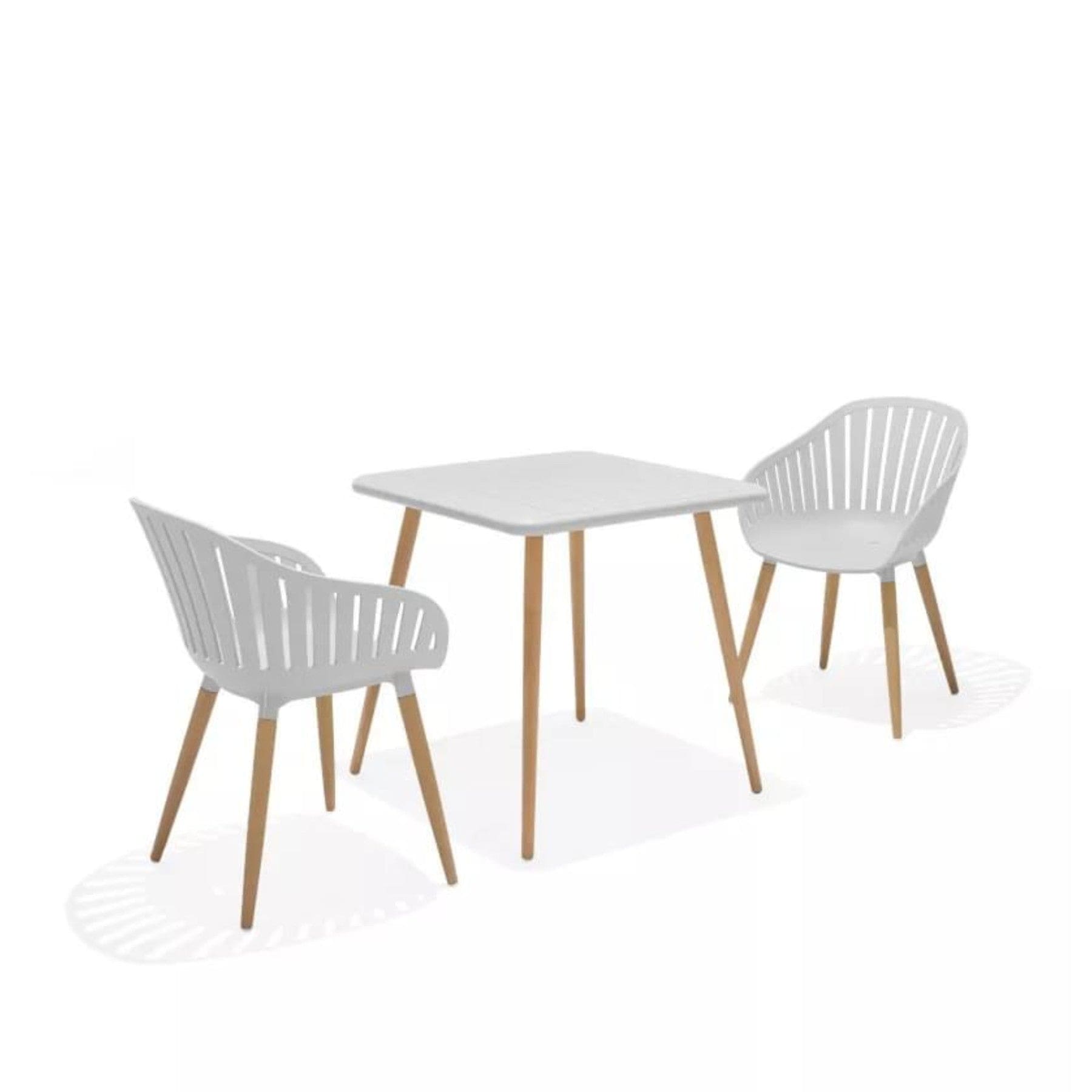 Modern minimalist dining furniture set with white square table and two grey plastic chairs with wooden legs on white background