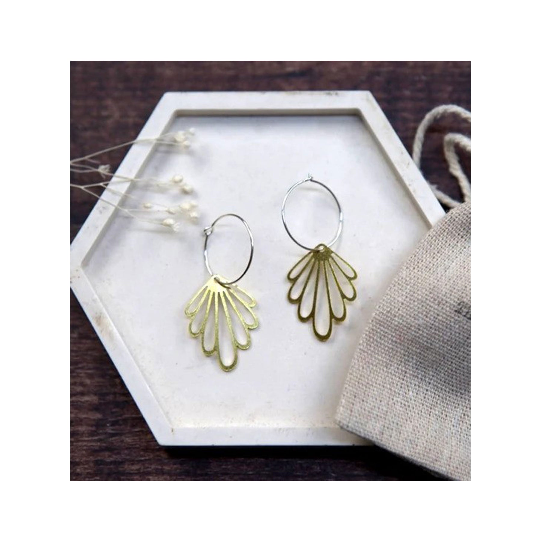 Medium brass earrings art deco leaf