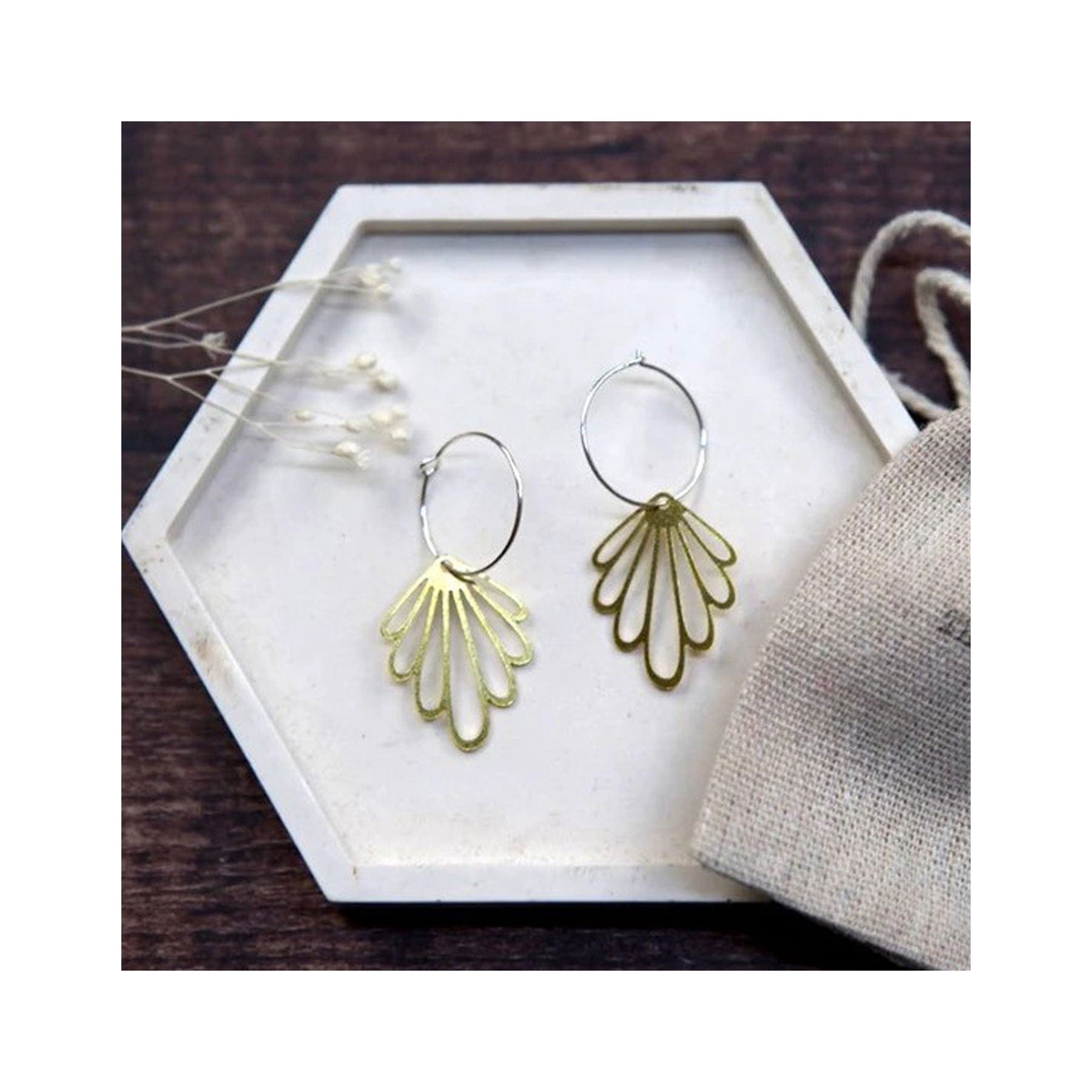 Medium brass earrings art deco leaf