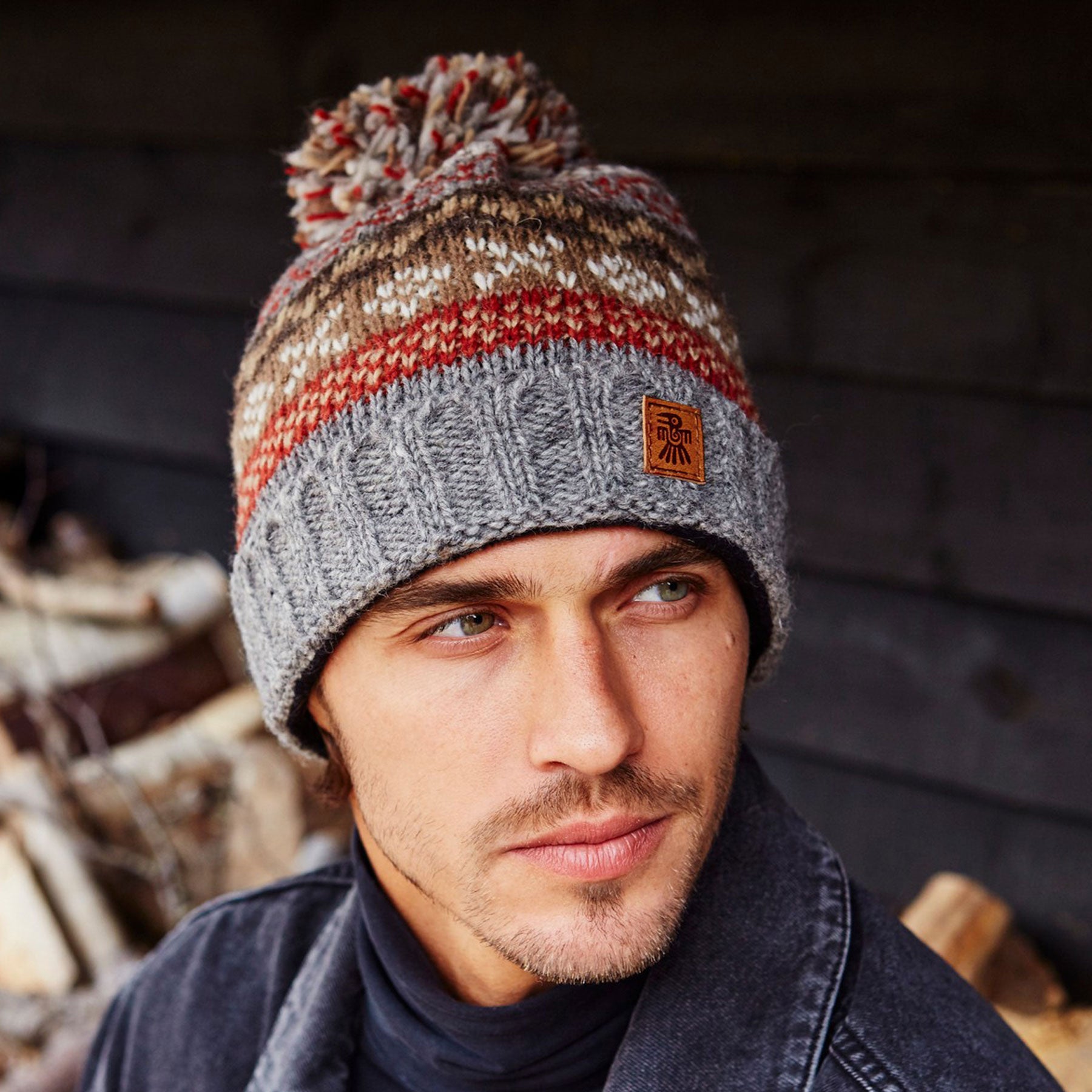 Mens classic fairisle grey bobble beanie