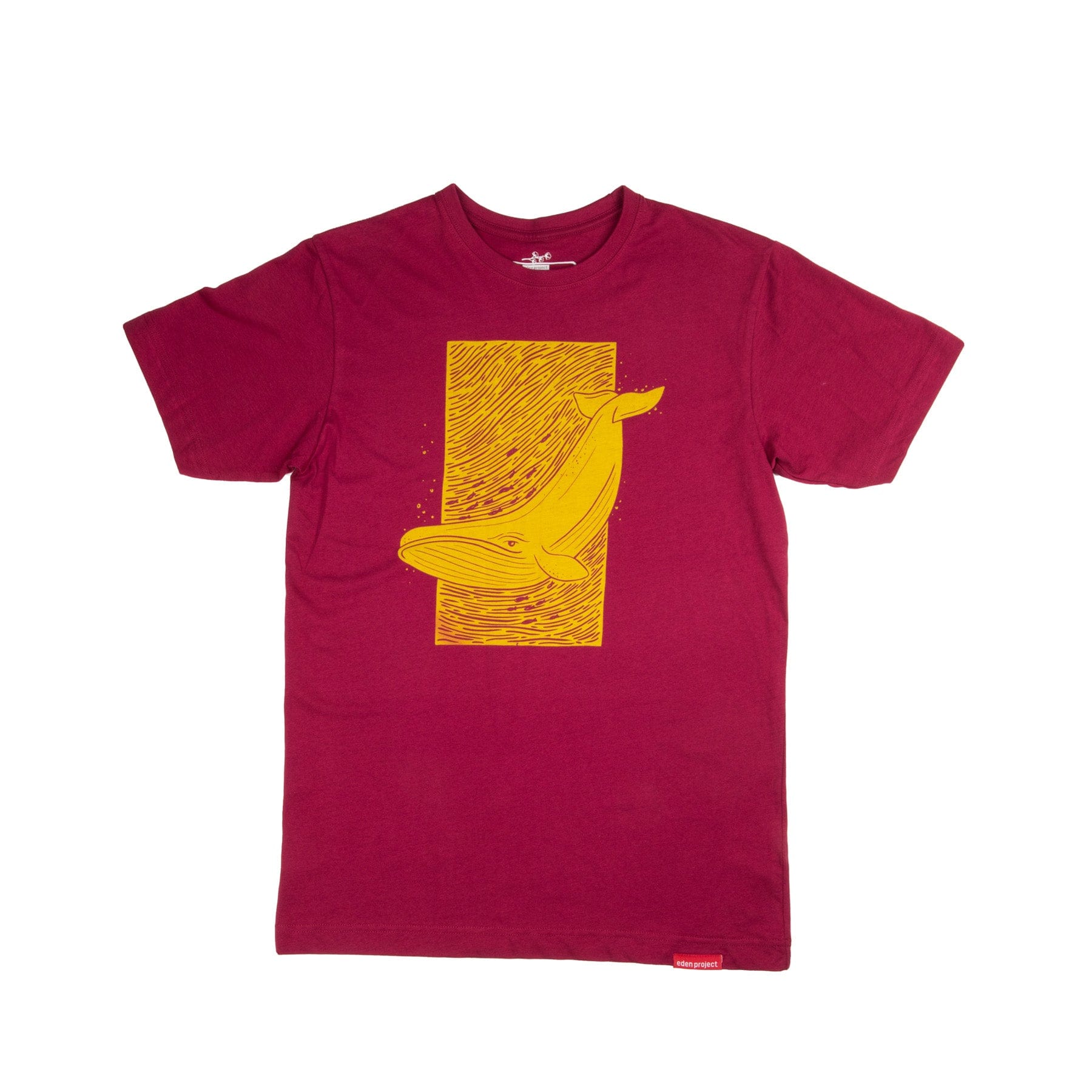 Burgundy t-shirt with yellow whale print design on white background, casual clothing, front view, unisex apparel, fashionable summer wear, cotton fabric, graphic tee design, isolated clothing item