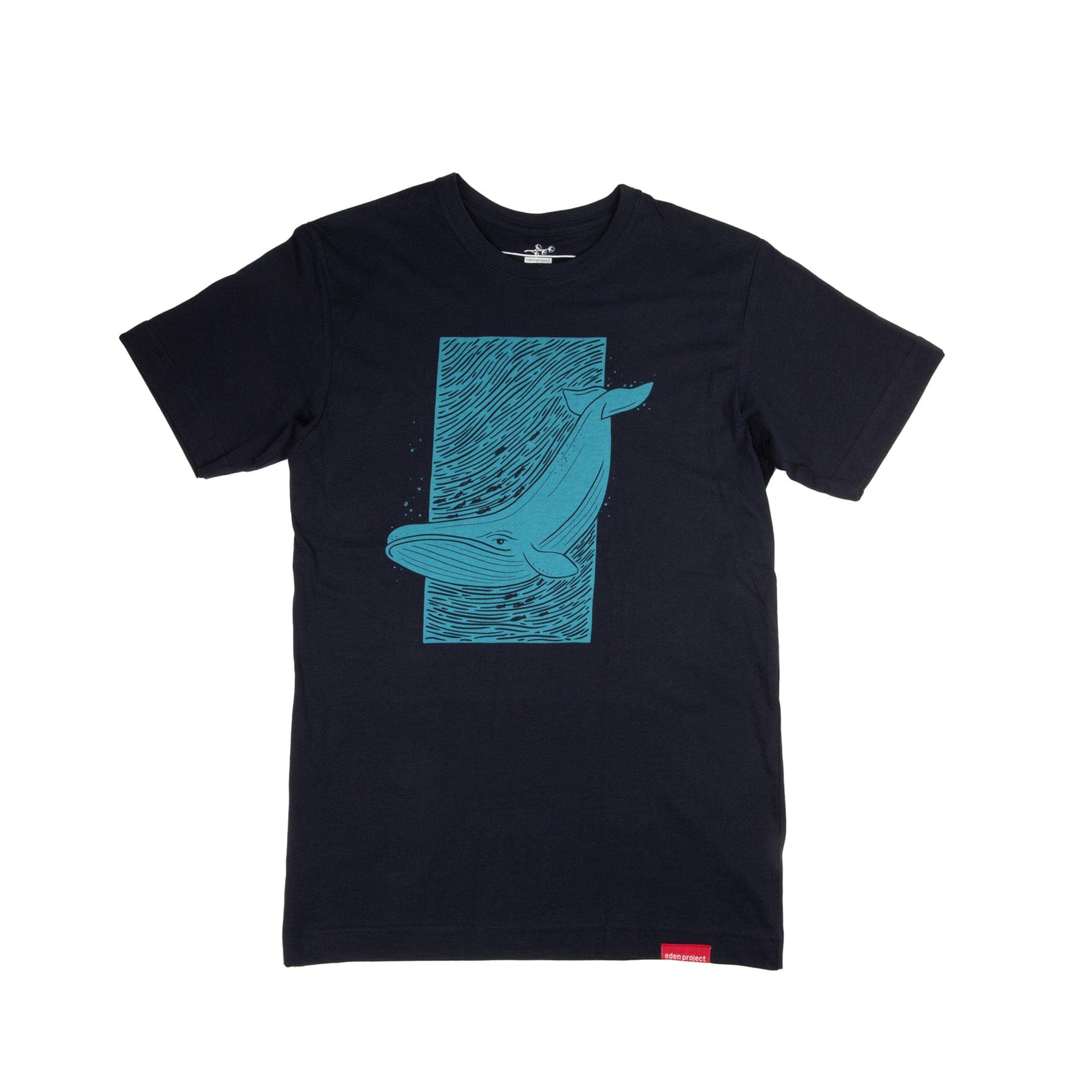 Navy blue t-shirt with whale print design on front, casual crew neck short-sleeve tee, isolated on white background.
