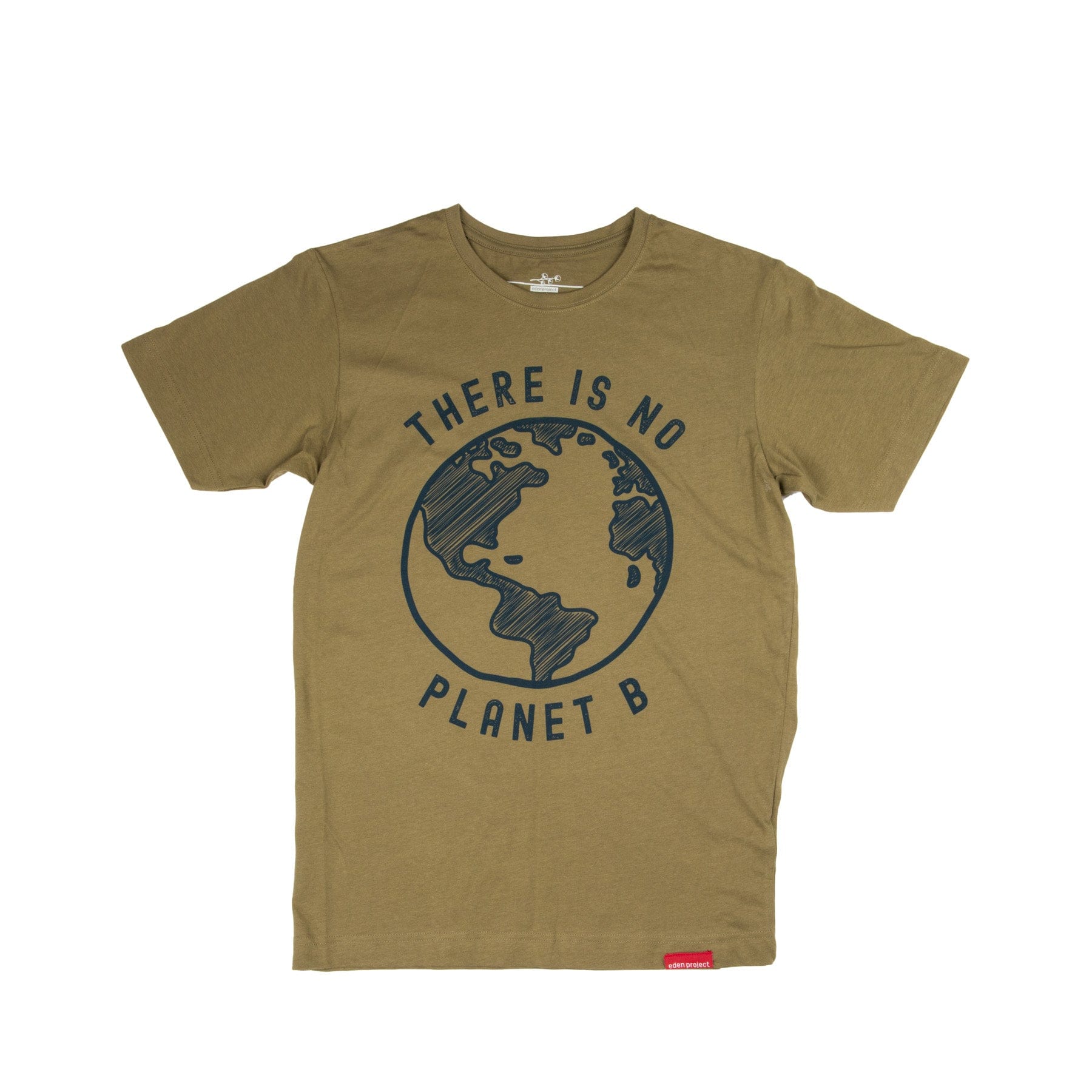 Olive green t-shirt with environmental slogan "There is no Planet B" encircling a graphic of Earth, eco-friendly apparel, sustainable fashion concept.