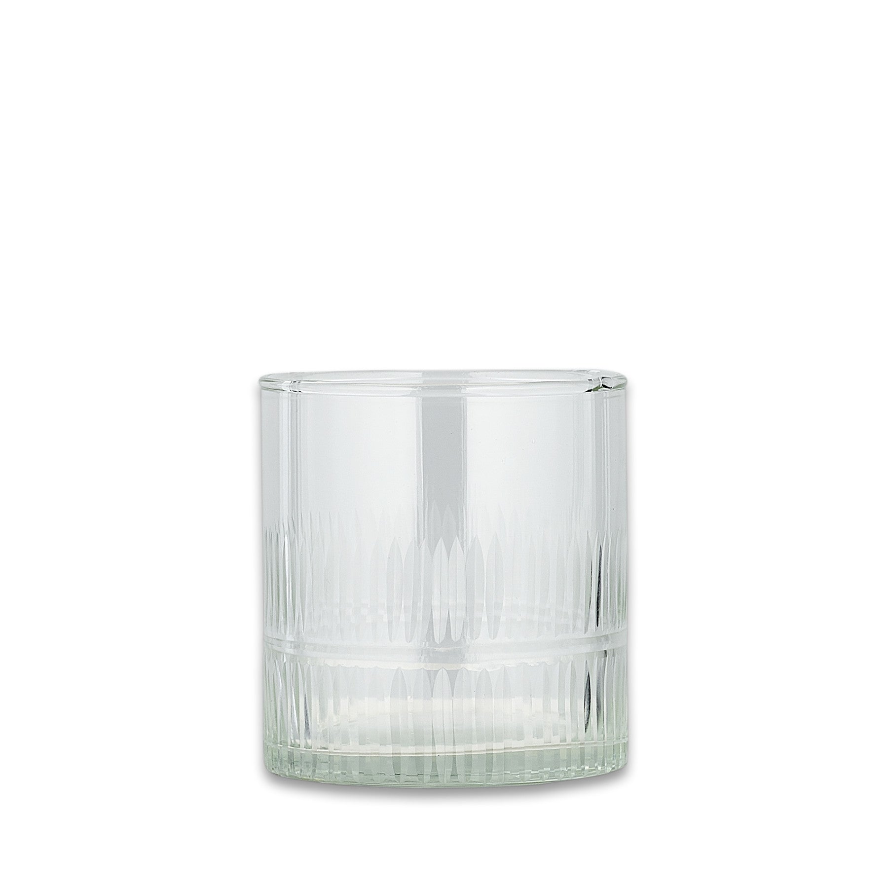 Clear glass tumbler with ribbed design on white background