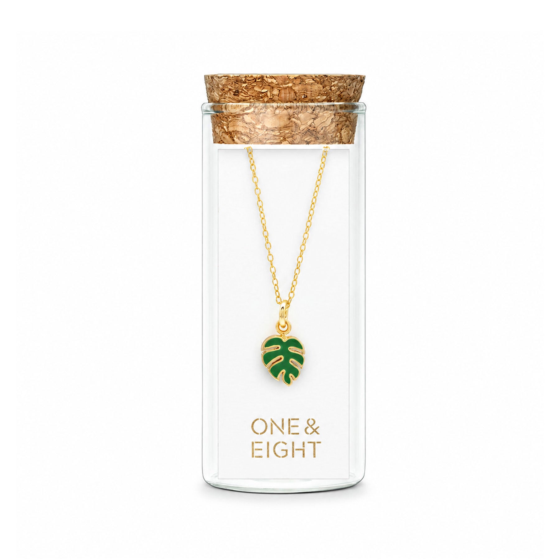 Gold monstera enamel necklace