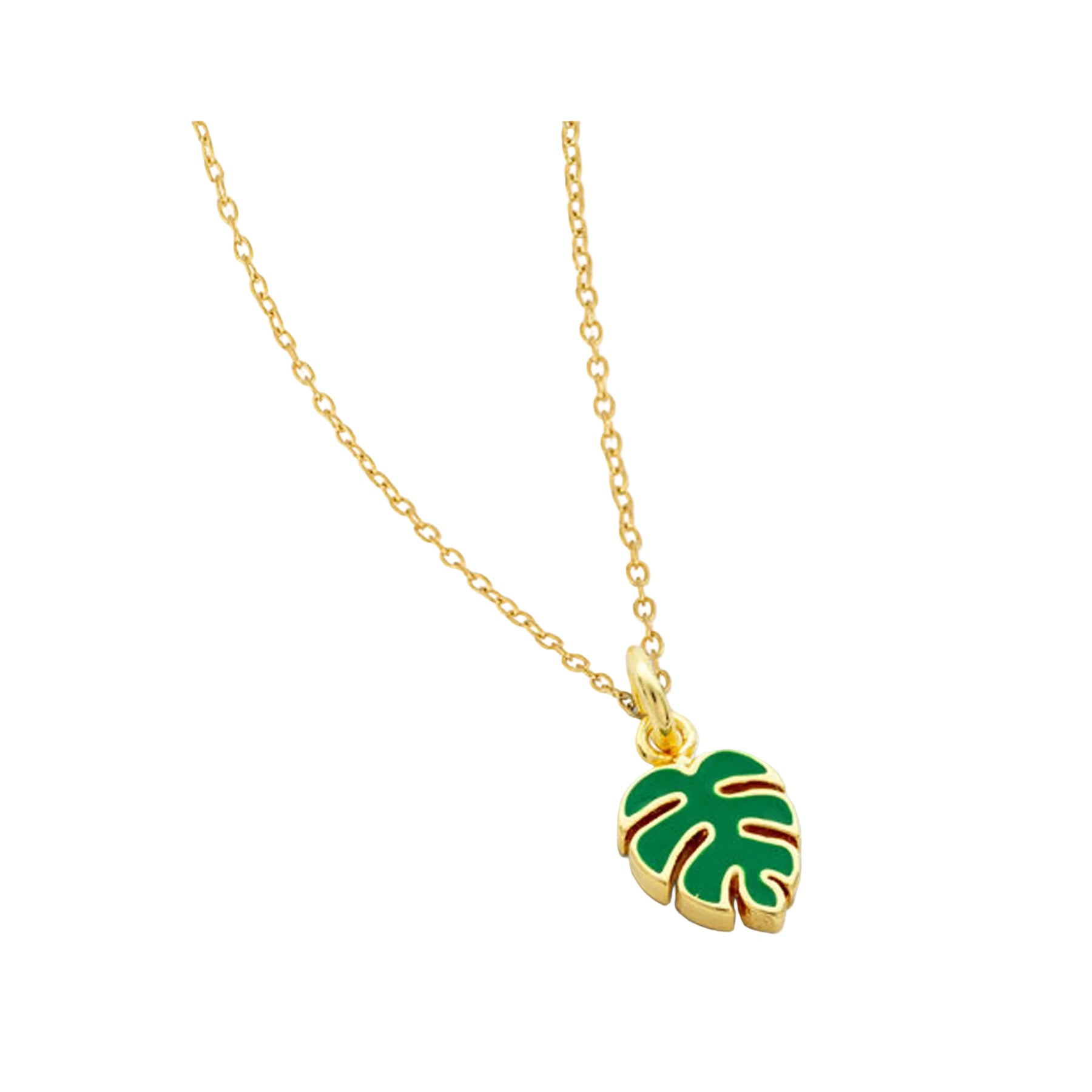 Gold monstera enamel necklace