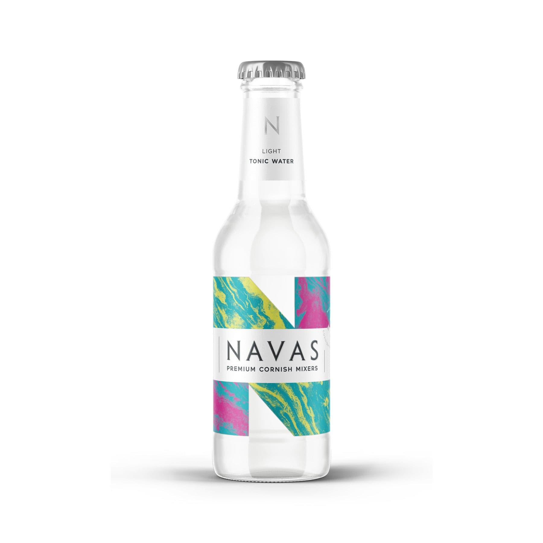 Clear glass bottle of Navas Light Tonic Water with colorful abstract label design, premium Cornish mixers branding, isolated on white background.