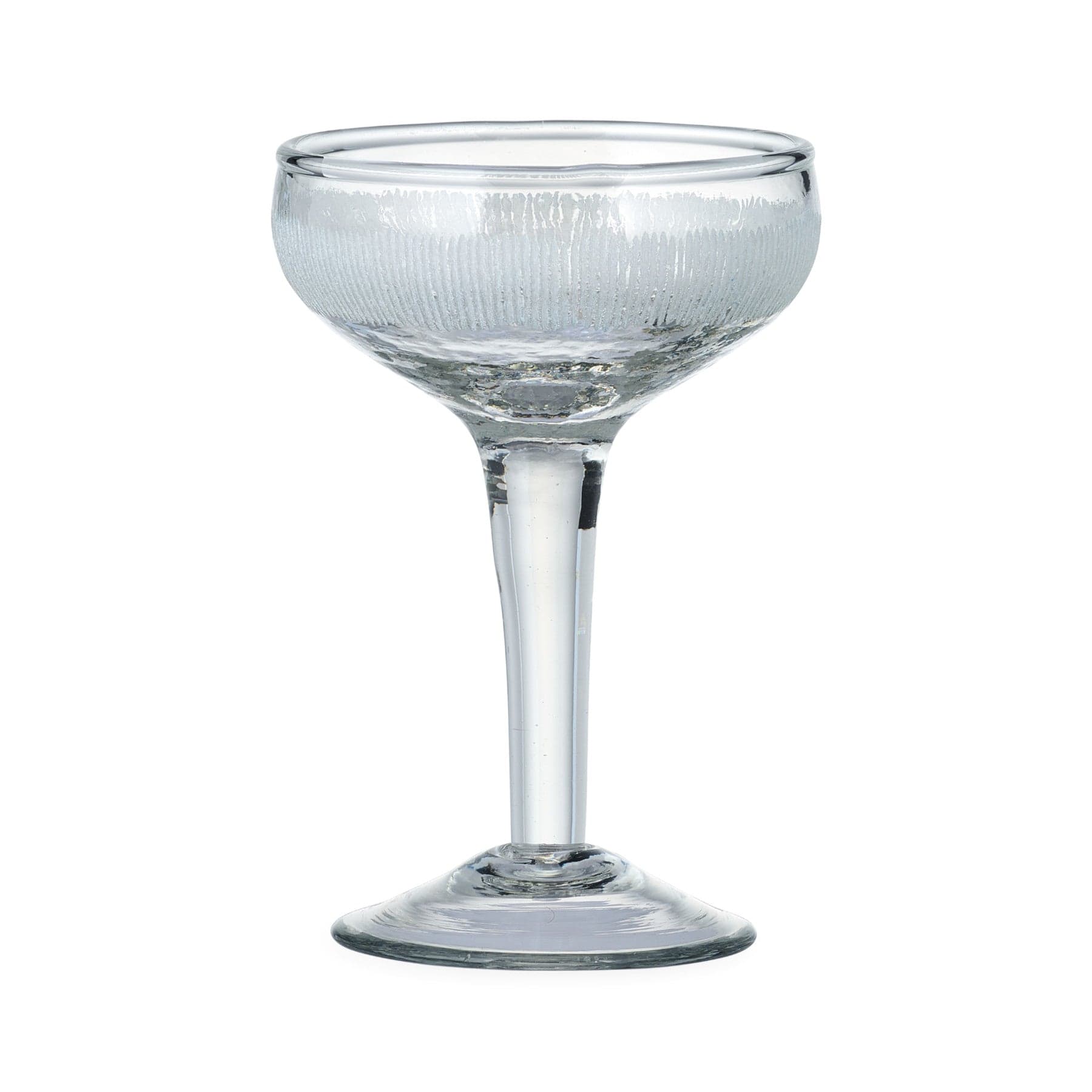 Empty crystal margarita glass on white background, transparent elegant stemware for cocktails, isolated clear glassware