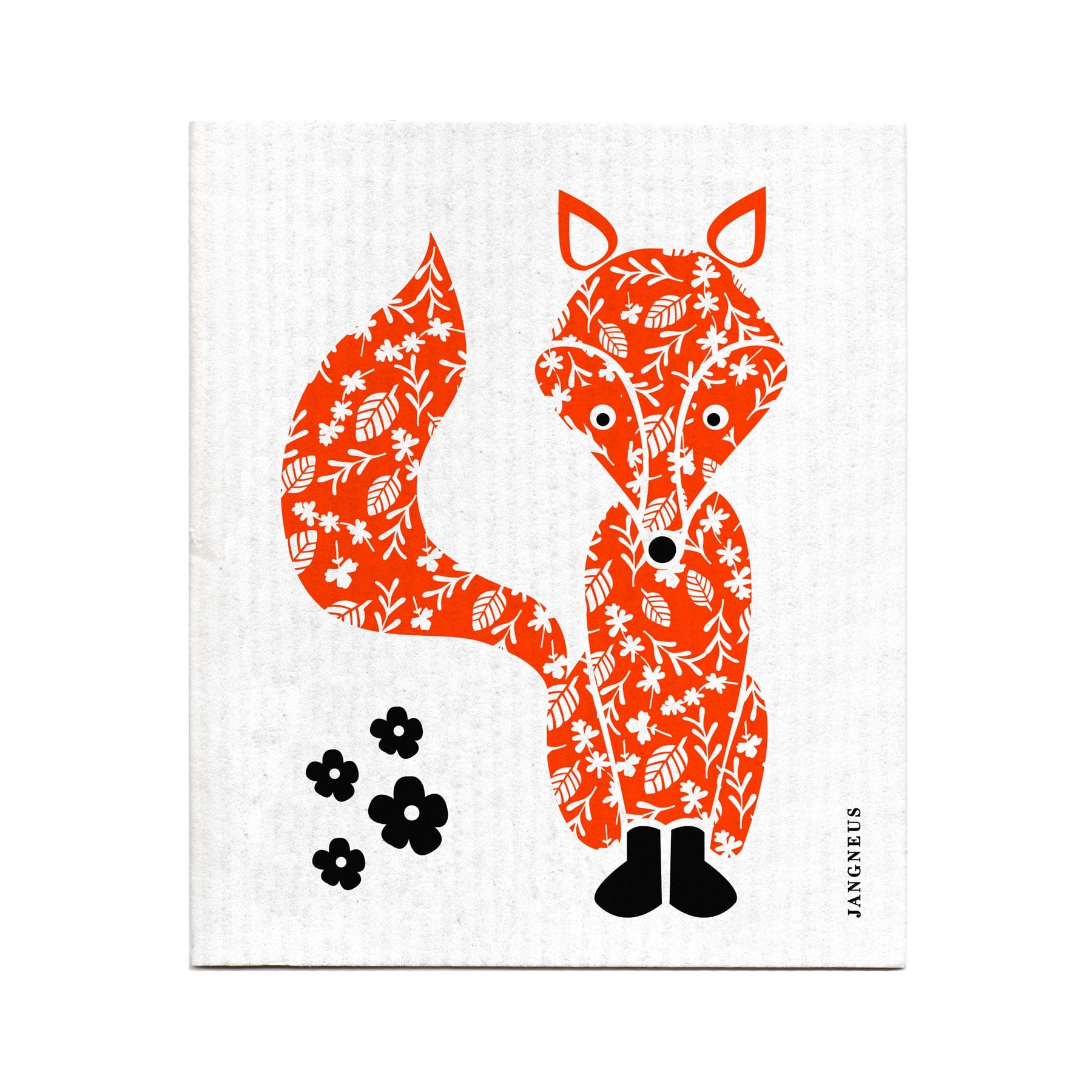 Illustrated orange fox with floral pattern standing against a textured white background, black paw prints nearby, modern graphic art design