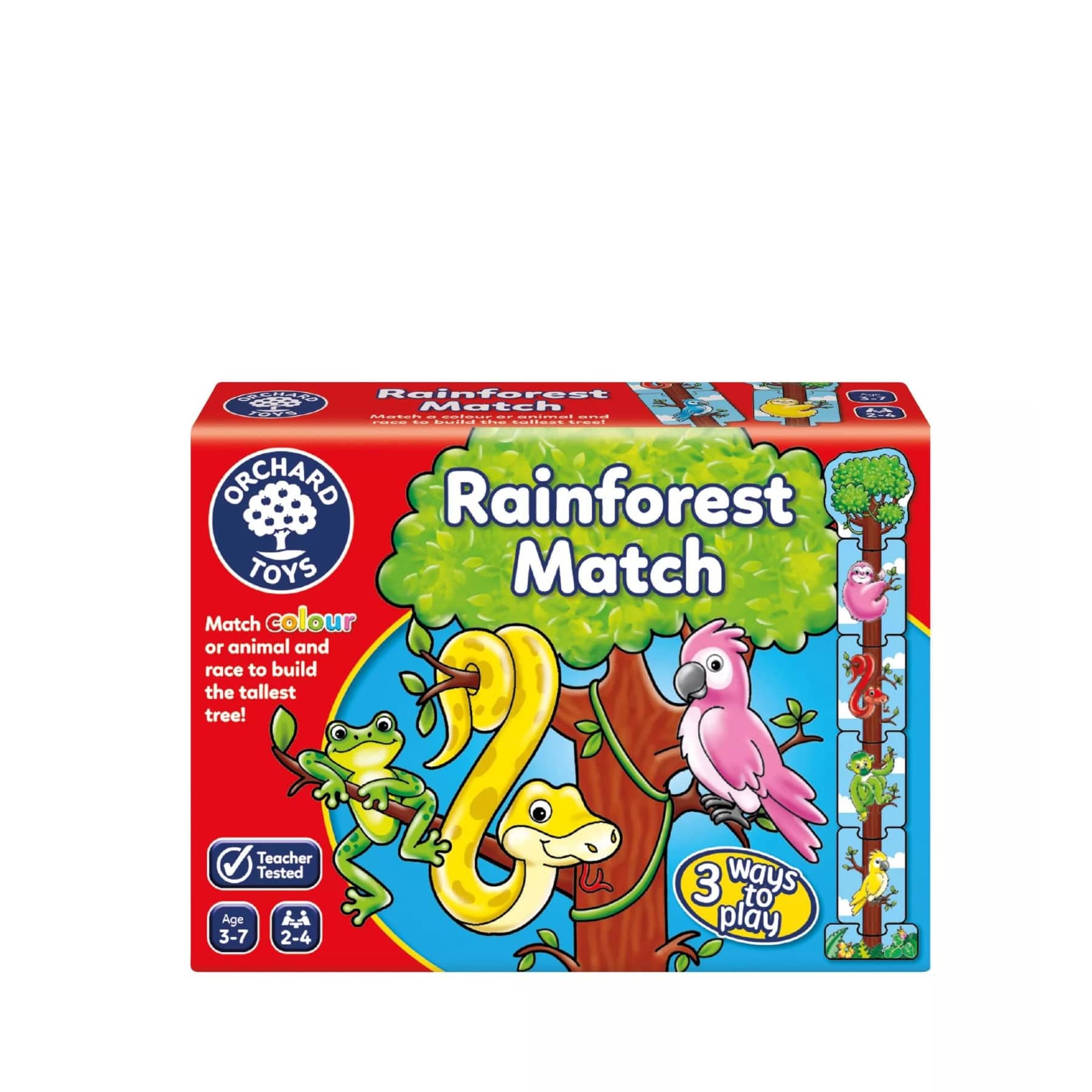 Orchard Toys Rainforest Match game box featuring colorful illustrations of a frog, snake, and parrot, educational matching and memory game for children aged 3-7, family board game with animal and color matching for kids, tabletop gaming, 3 ways to play, teacher tested.