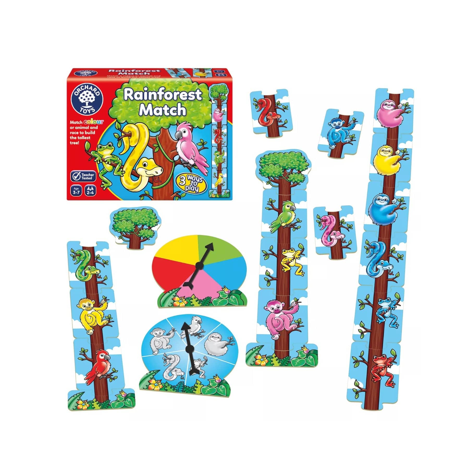Rainforest themed children's game "Rainforest Match" by Orchard Toys, featuring colorful animal game pieces on tree-shaped stands with a match and build concept, illustrated box showcasing three ways to play, including clock face with spinning arrow for gameplay.