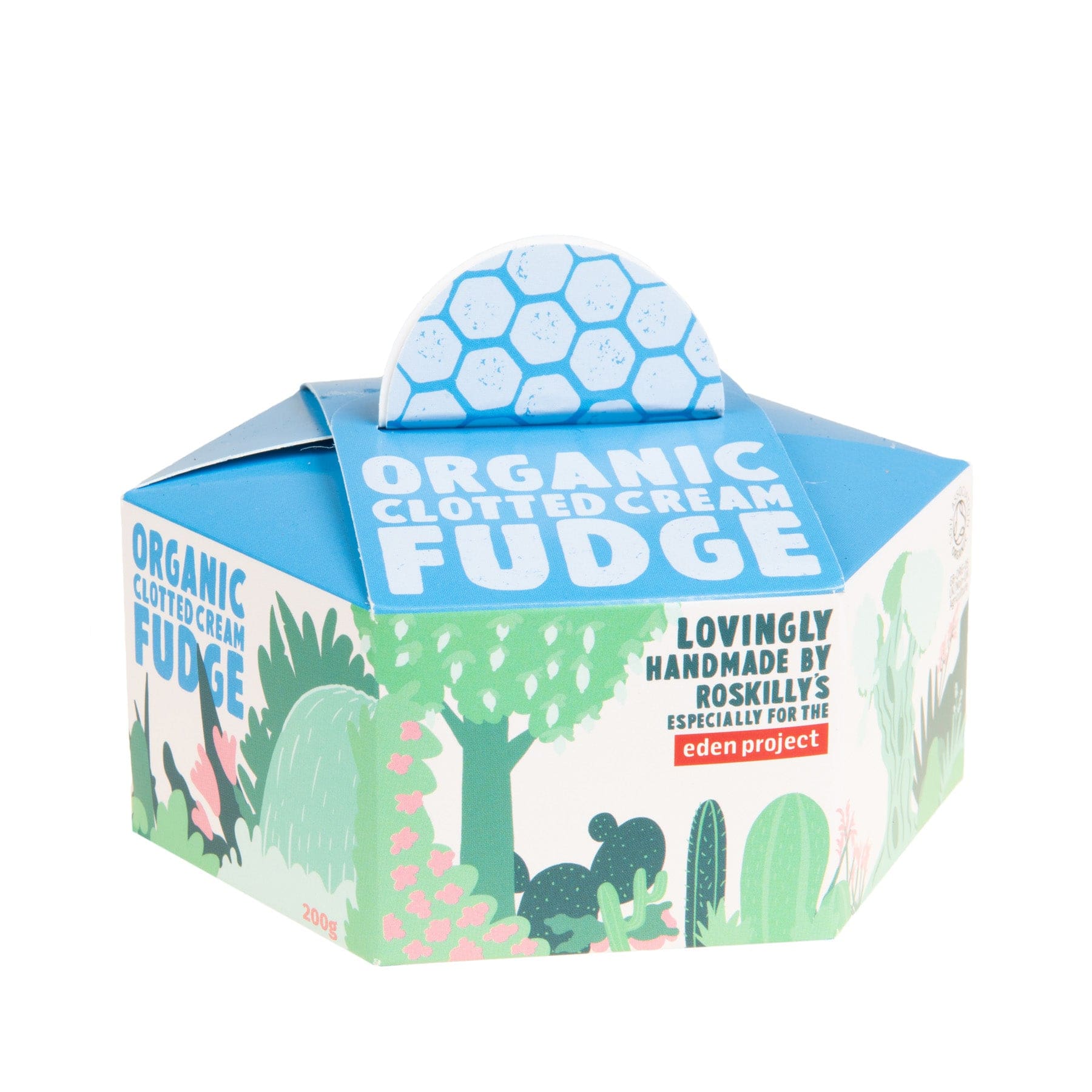 Organic Clotted Cream Fudge packaging, blue and green box with floral and cactus design, handmade by Roskilly's for the Eden Project, white background