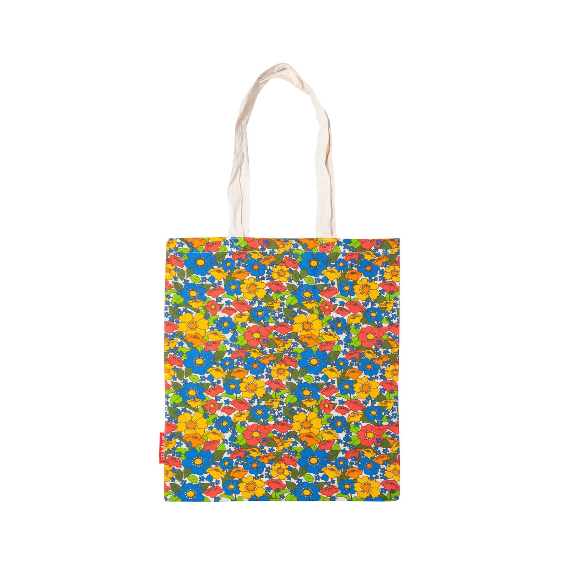 Colorful floral pattern tote bag with cotton handles on white background.