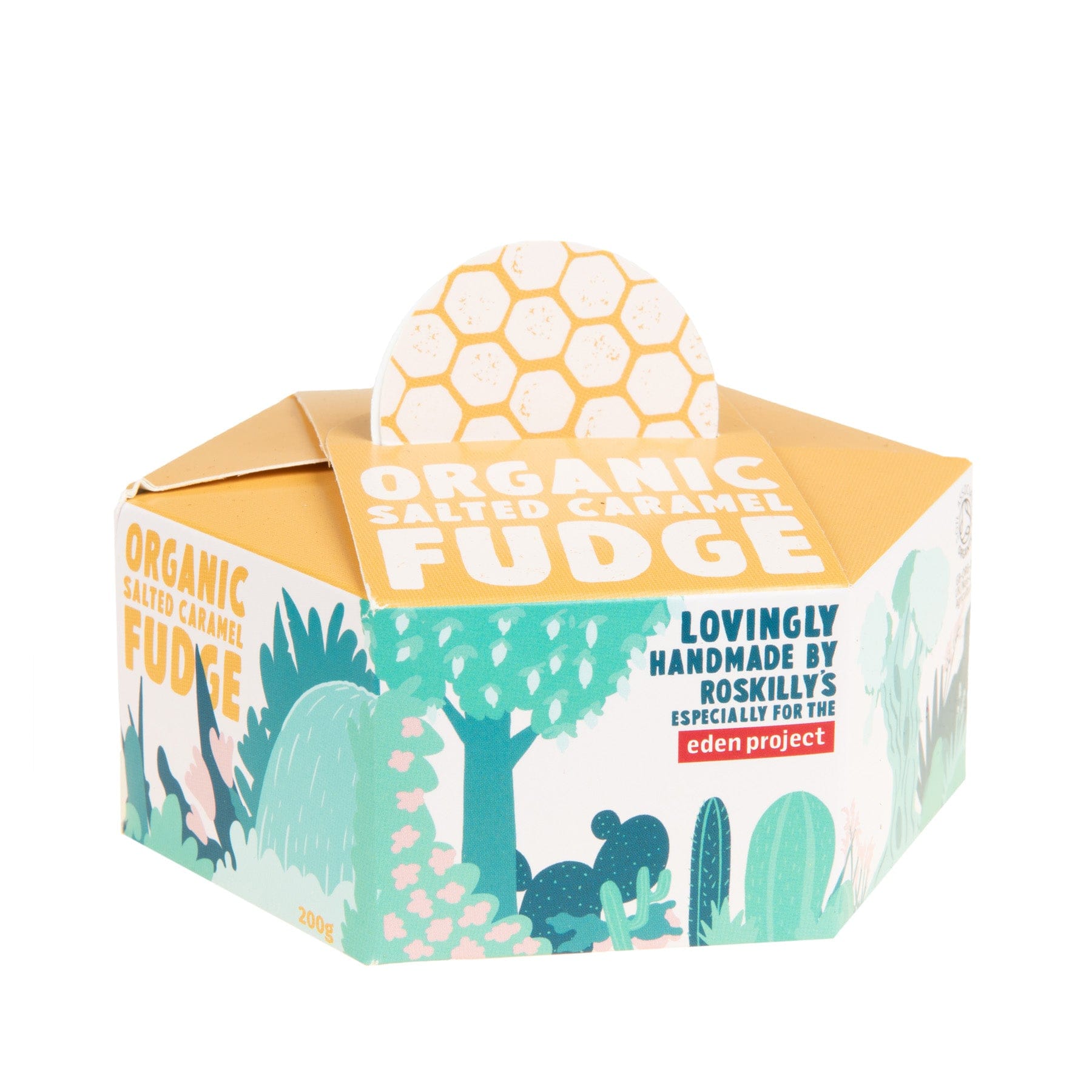 Organic Salted Caramel Fudge packaging with honeycomb pattern and green floral designs indicating natural ingredients, labeled as lovingly handmade by Roskilly's for the Eden Project, 200g box visible