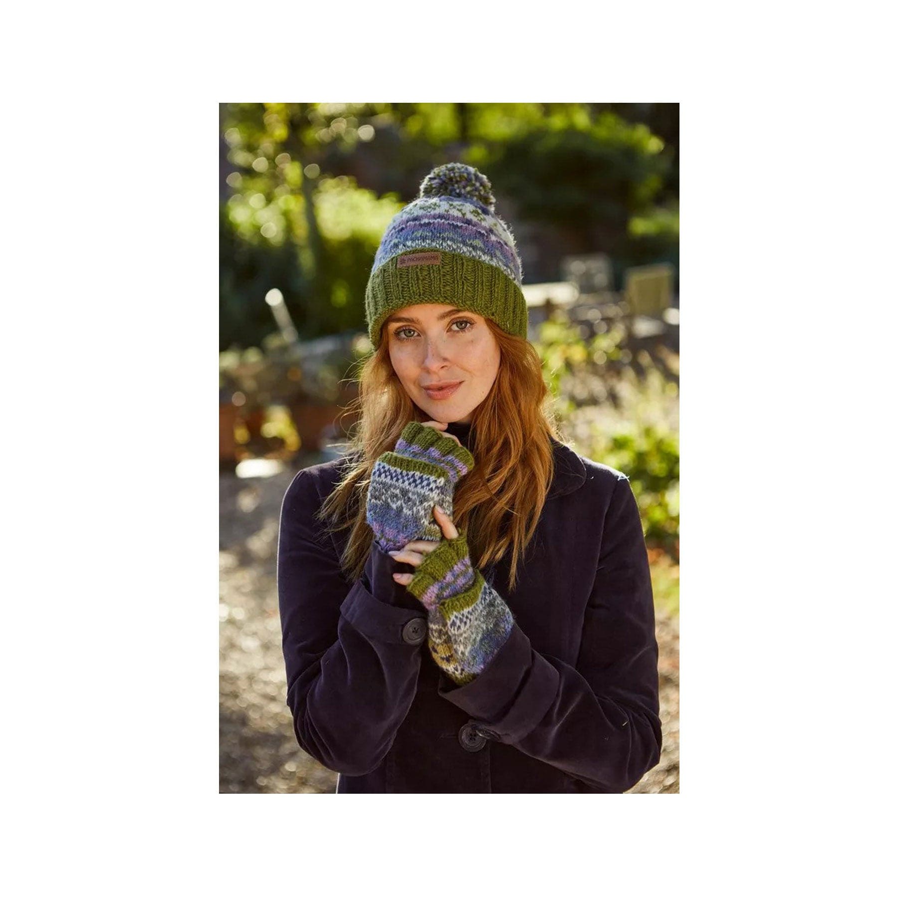 Womens classic fairisle olive roll back bobble beanie