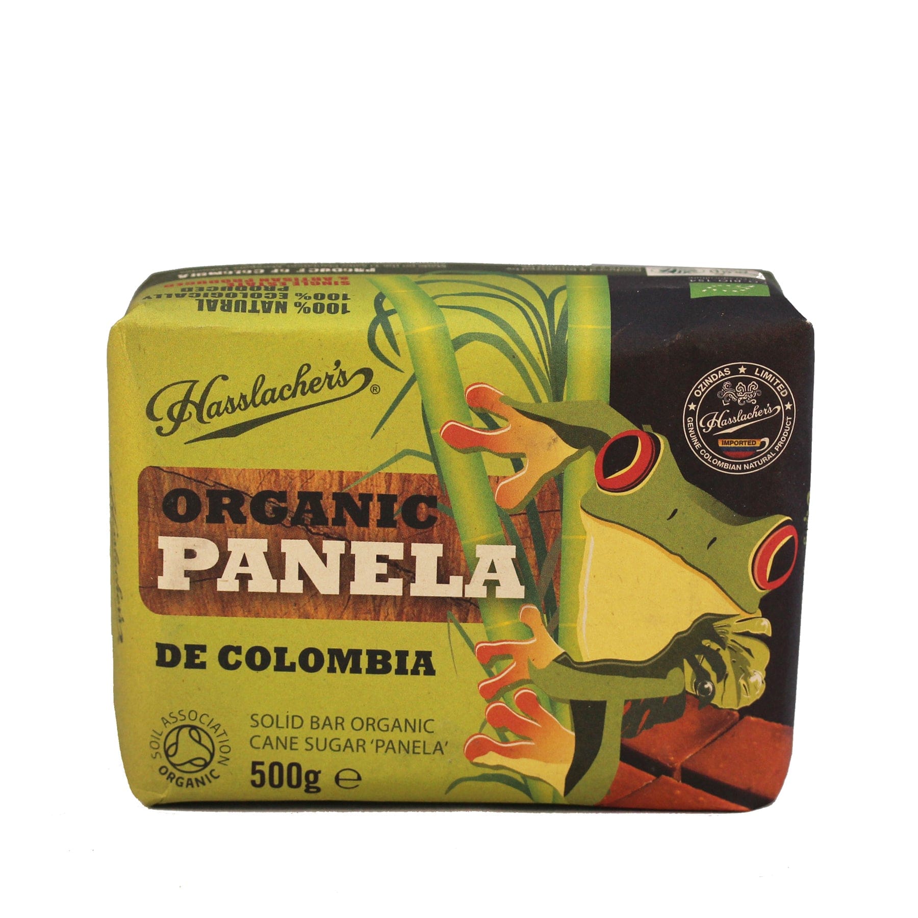 Alt text: Hasslacher's Organic Panela de Colombia, solid bar cane sugar panela, 500g with frog illustration and sugarcane imagery on the packaging.