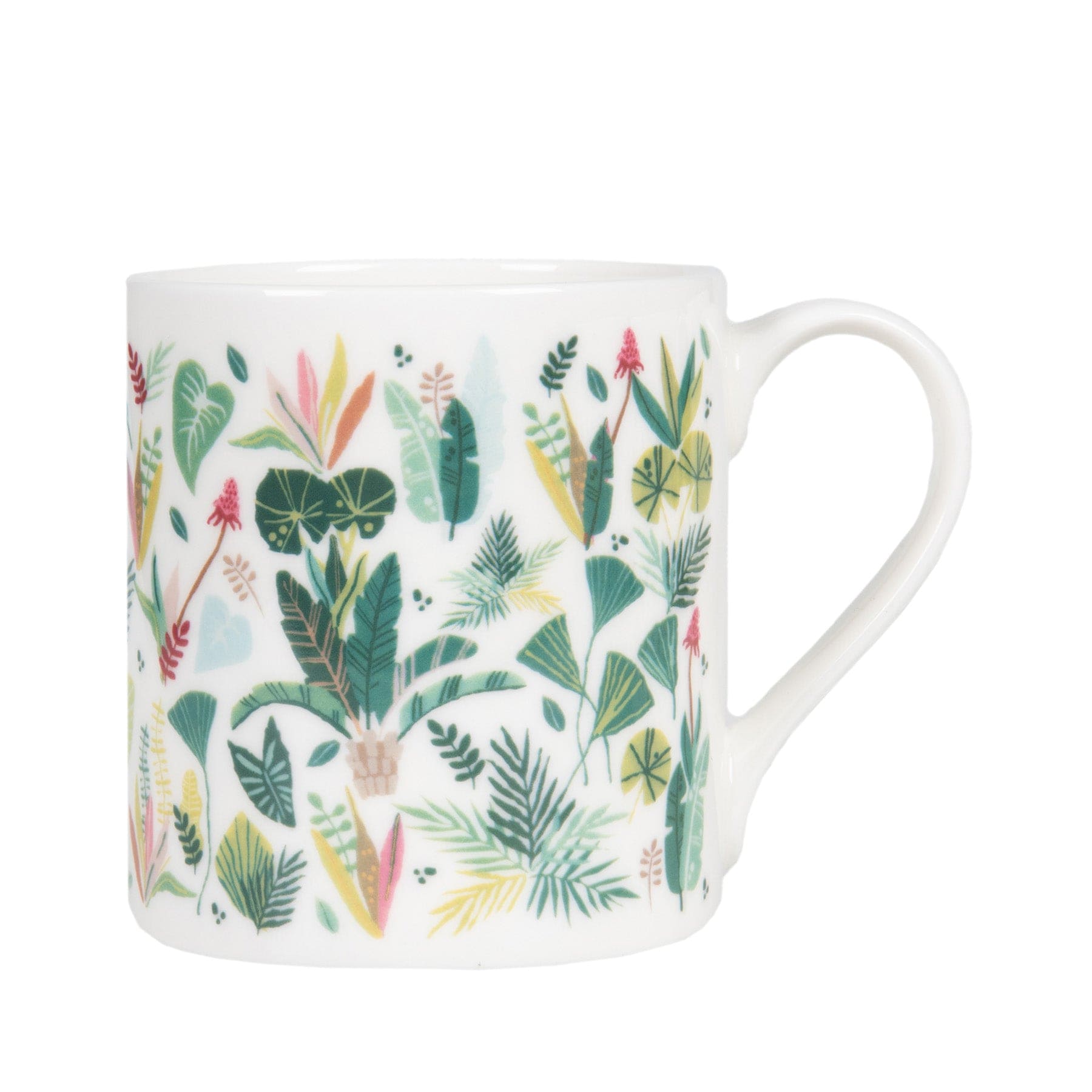 Ceramic mug with tropical botanical print, featuring various green leaves and floral patterns, isolated on white background