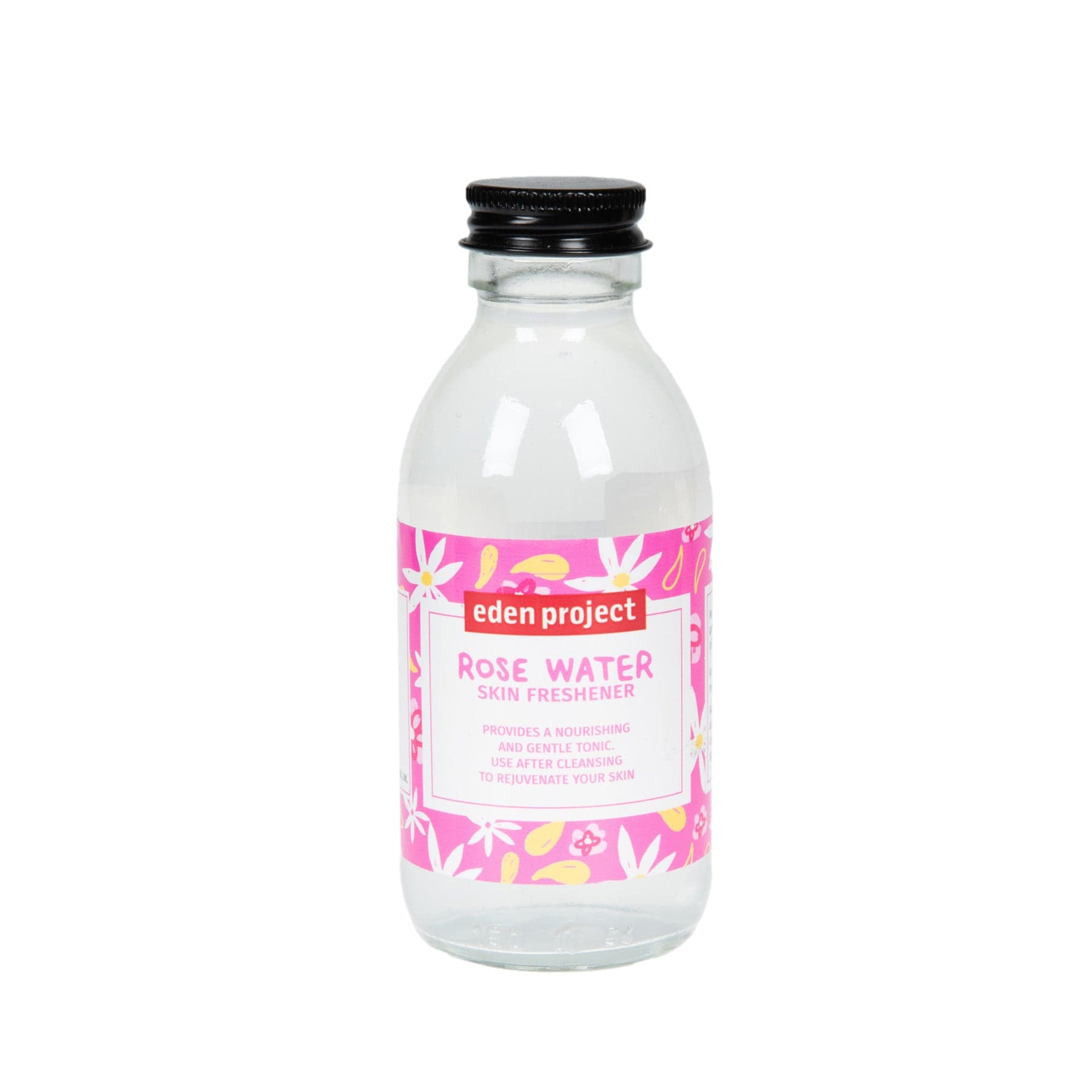 Transparent bottle of Eden Project Rose Water Skin Freshener with pink floral label and black cap on white background