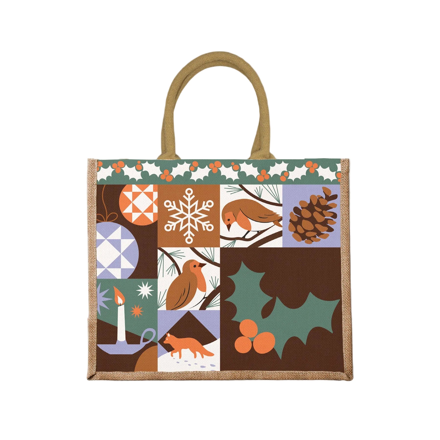 Small patchwork Christmas jute bag