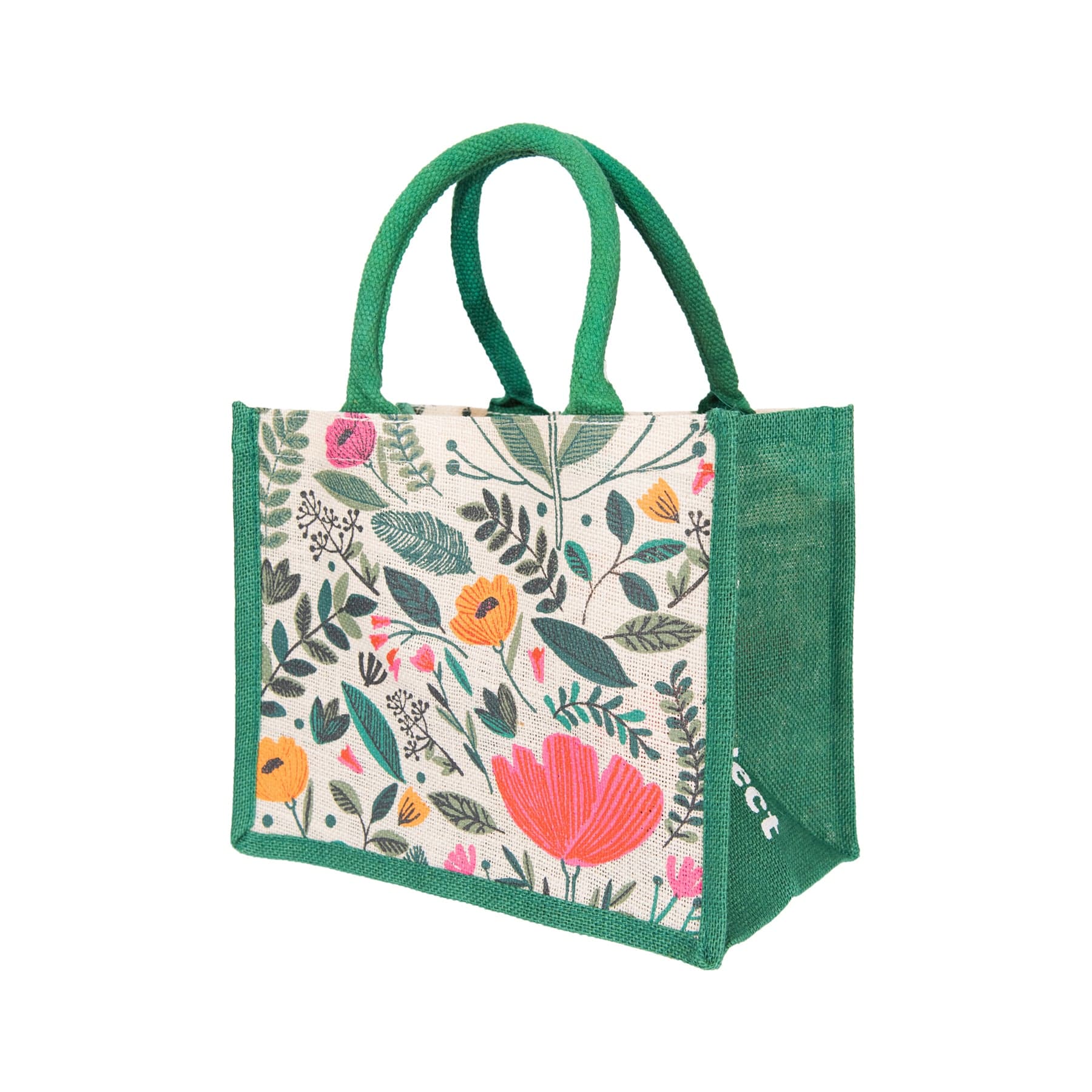 Floral pattern tote bag, reusable shopping bag with botanical print, eco-friendly canvas tote, green handles, colorful flower design, white background.