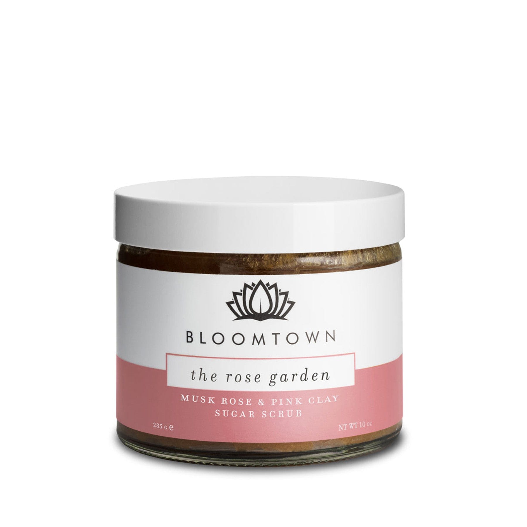 Bloomtown The Rose Garden sugar scrub jar with musk rose and pink clay on white background