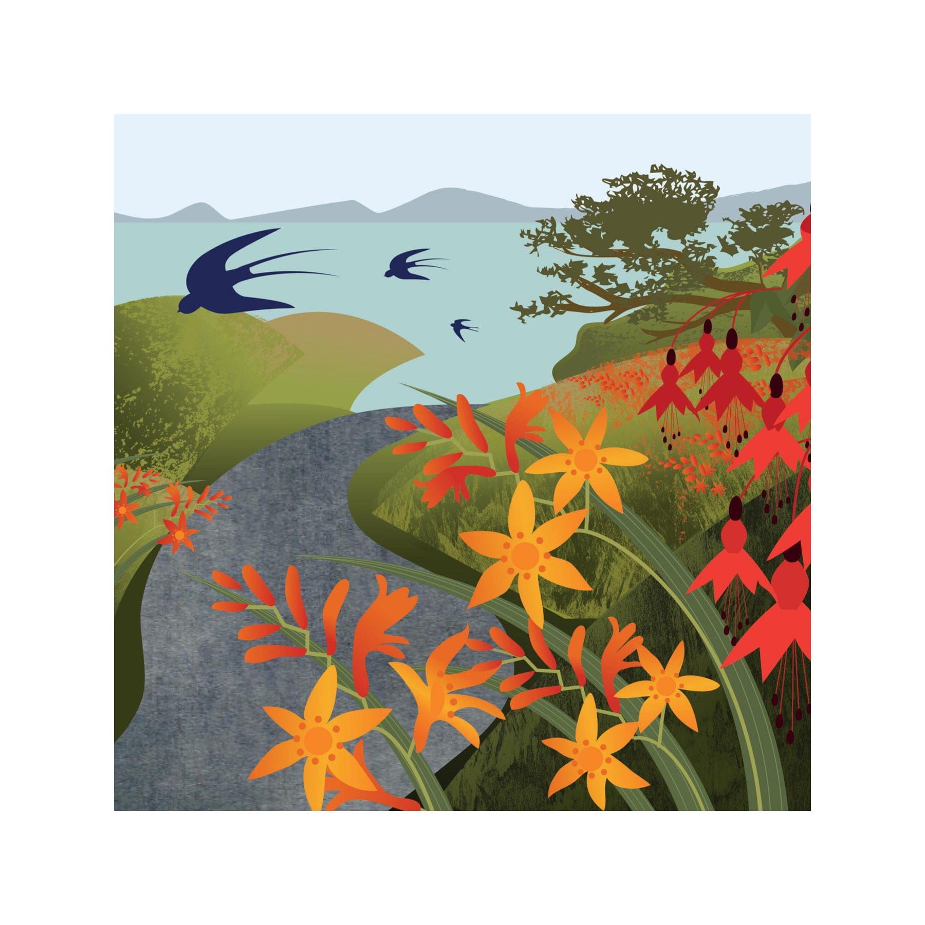 Swallows by the sea greetings card