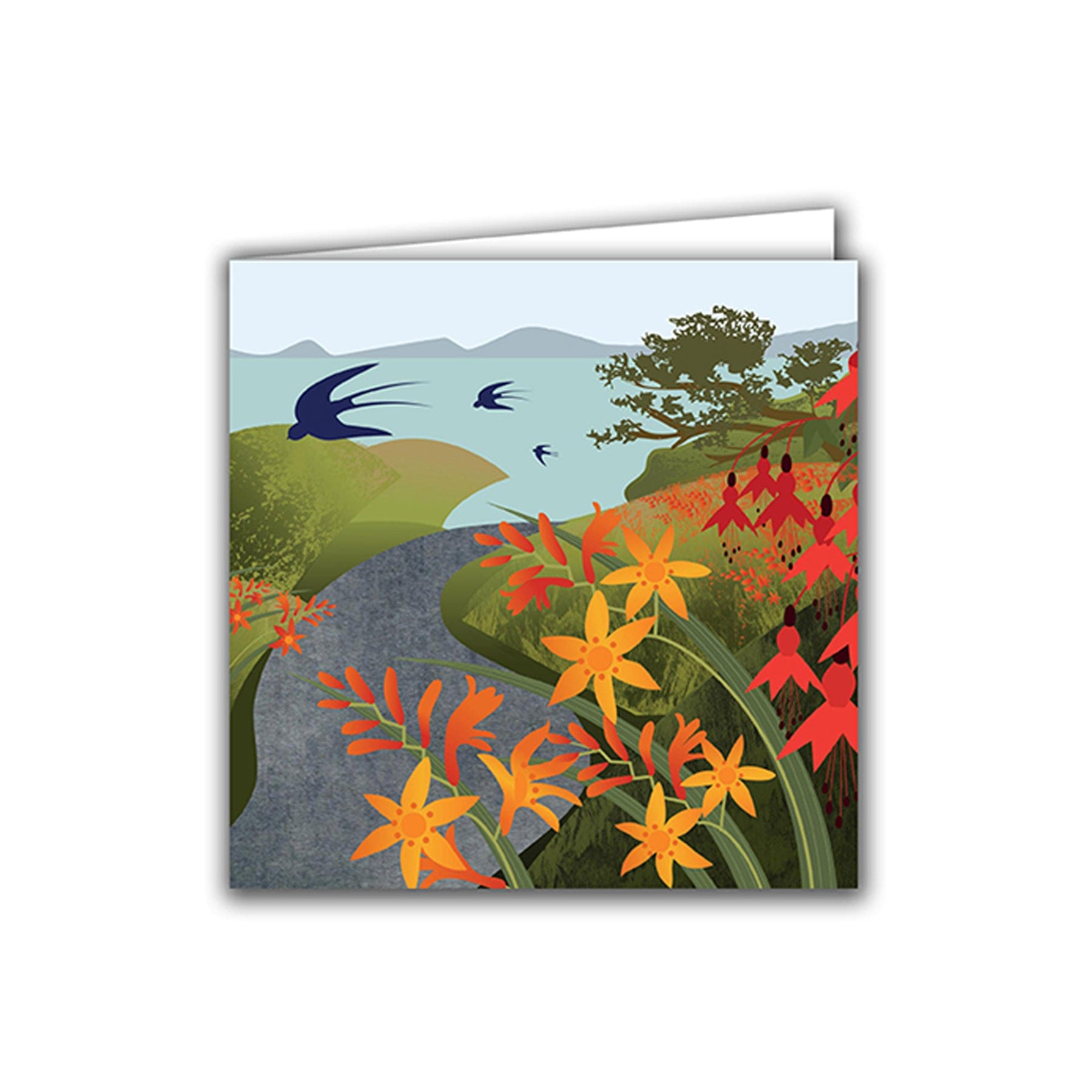 Swallows by the sea greetings card