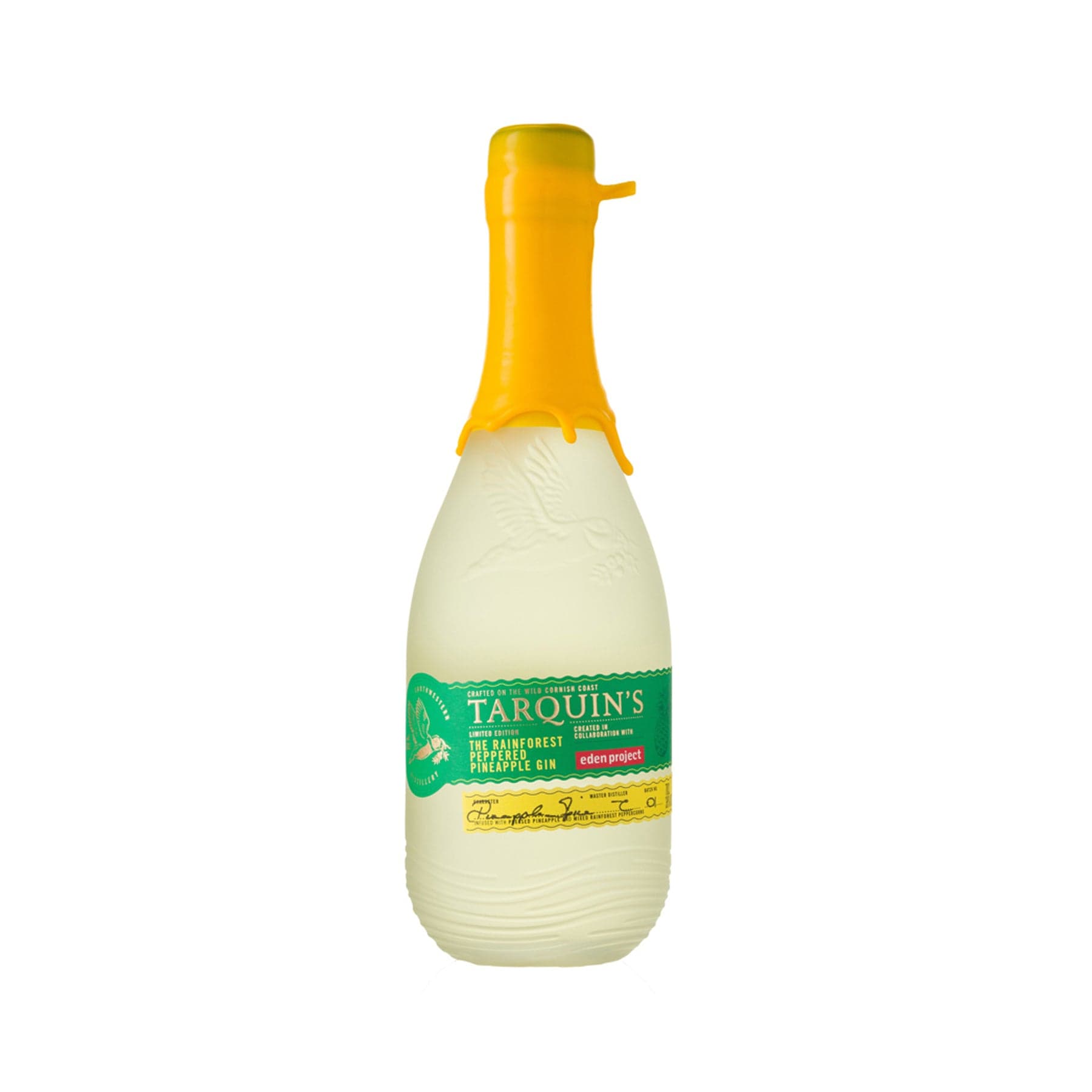 Tarquin's Cornish Gin bottle with yellow cap, Rainforest Edition Pineapple flavored, isolated on a white background