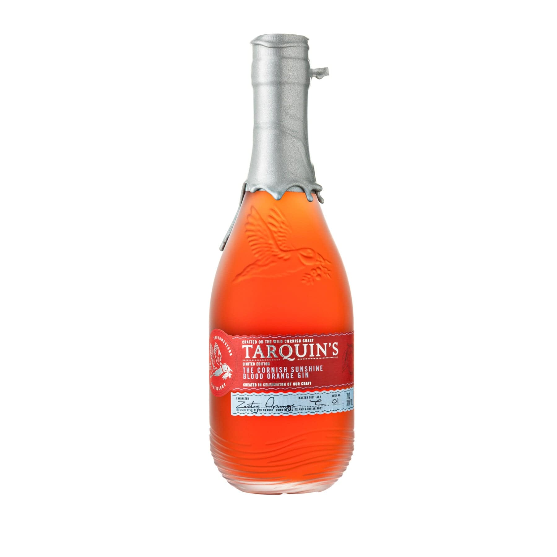 Tarquin's Cornish Sunshine Blood Orange Gin bottle, vibrant orange gin, sealed with foil, white background