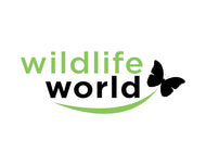 Wildlife World logo with stylized green text and black butterfly silhouette over a curved green line