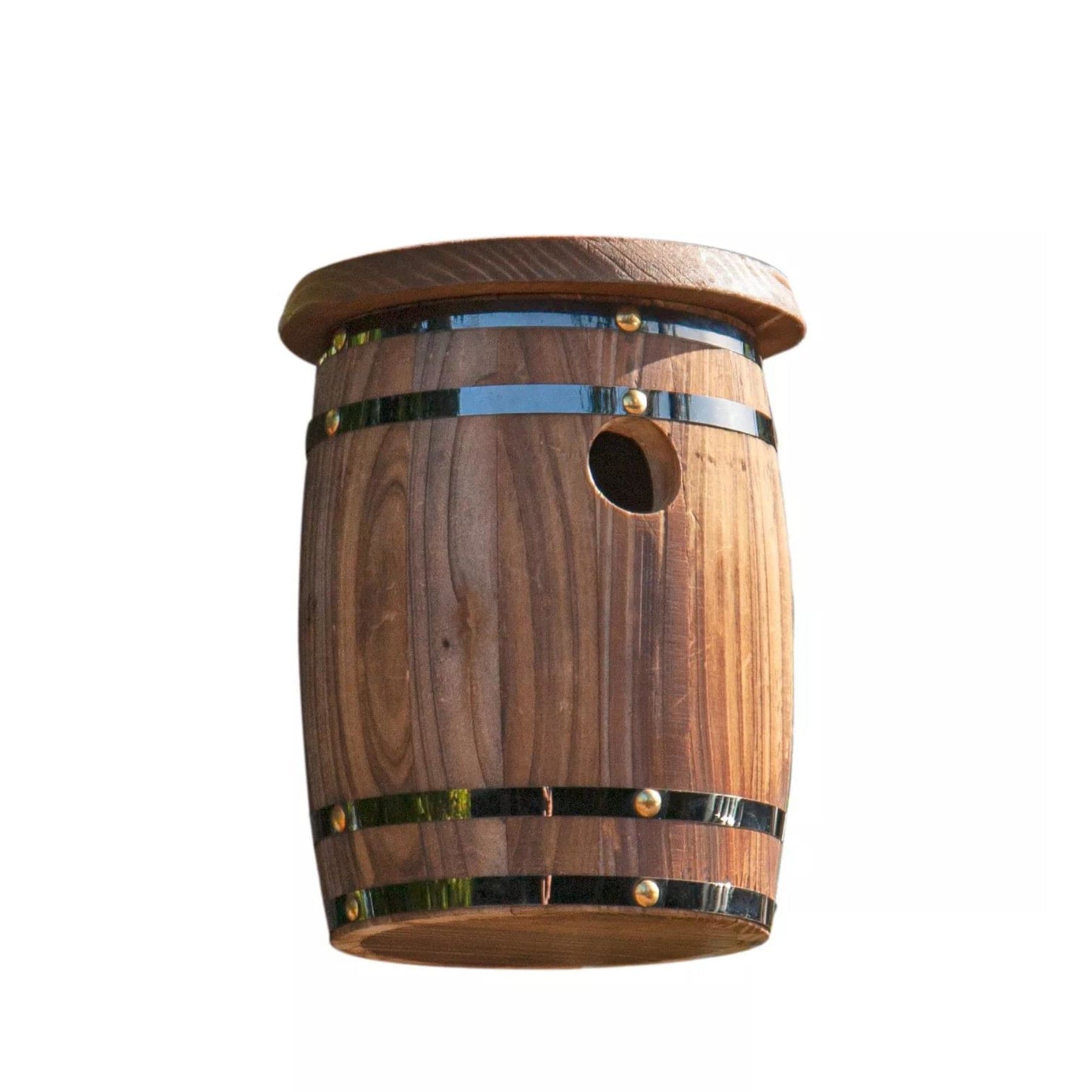 Wooden birdhouse designed like a wine barrel with entrance hole, hanging against a white background.